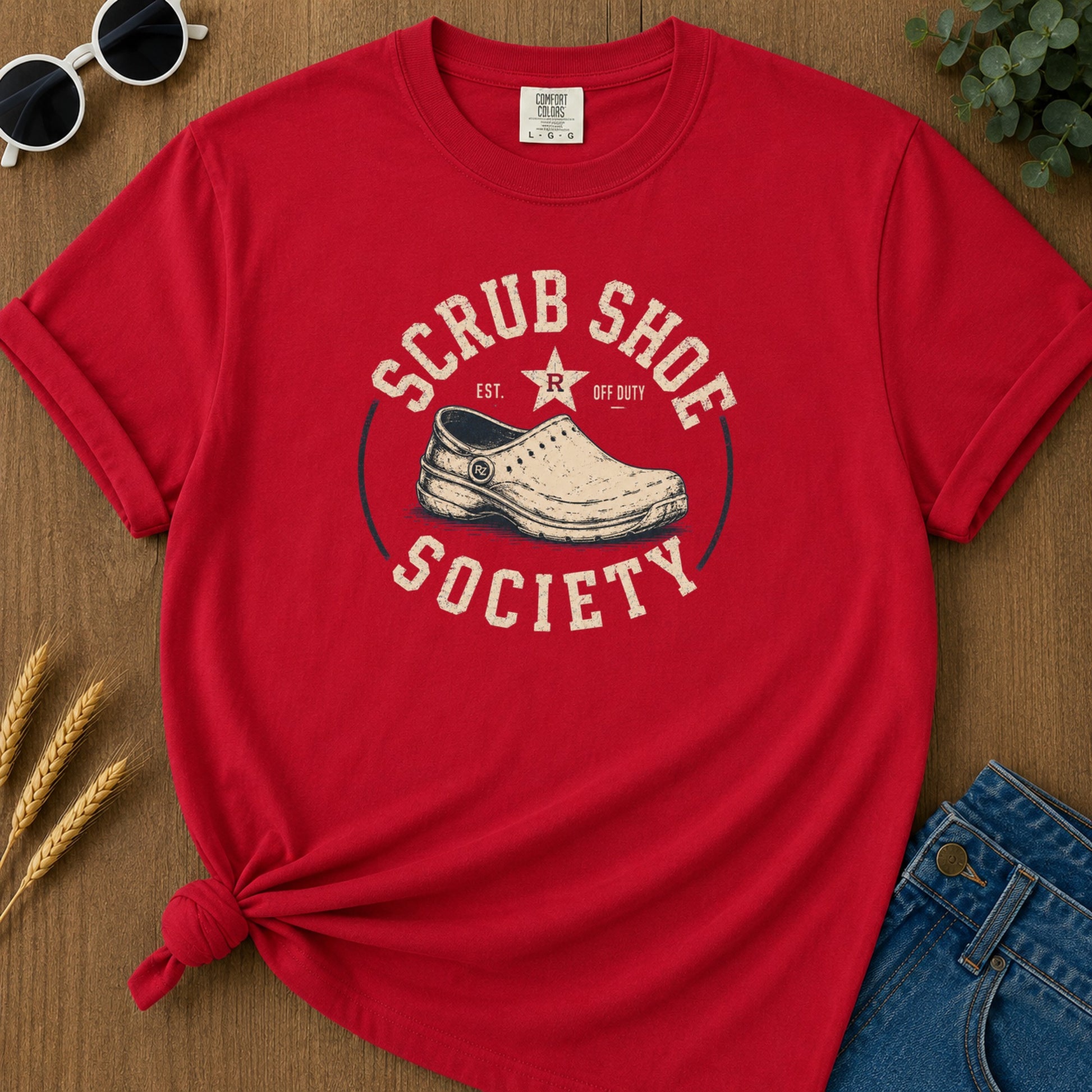 Scrub Shoe Society T-Shirt - Red Mockup