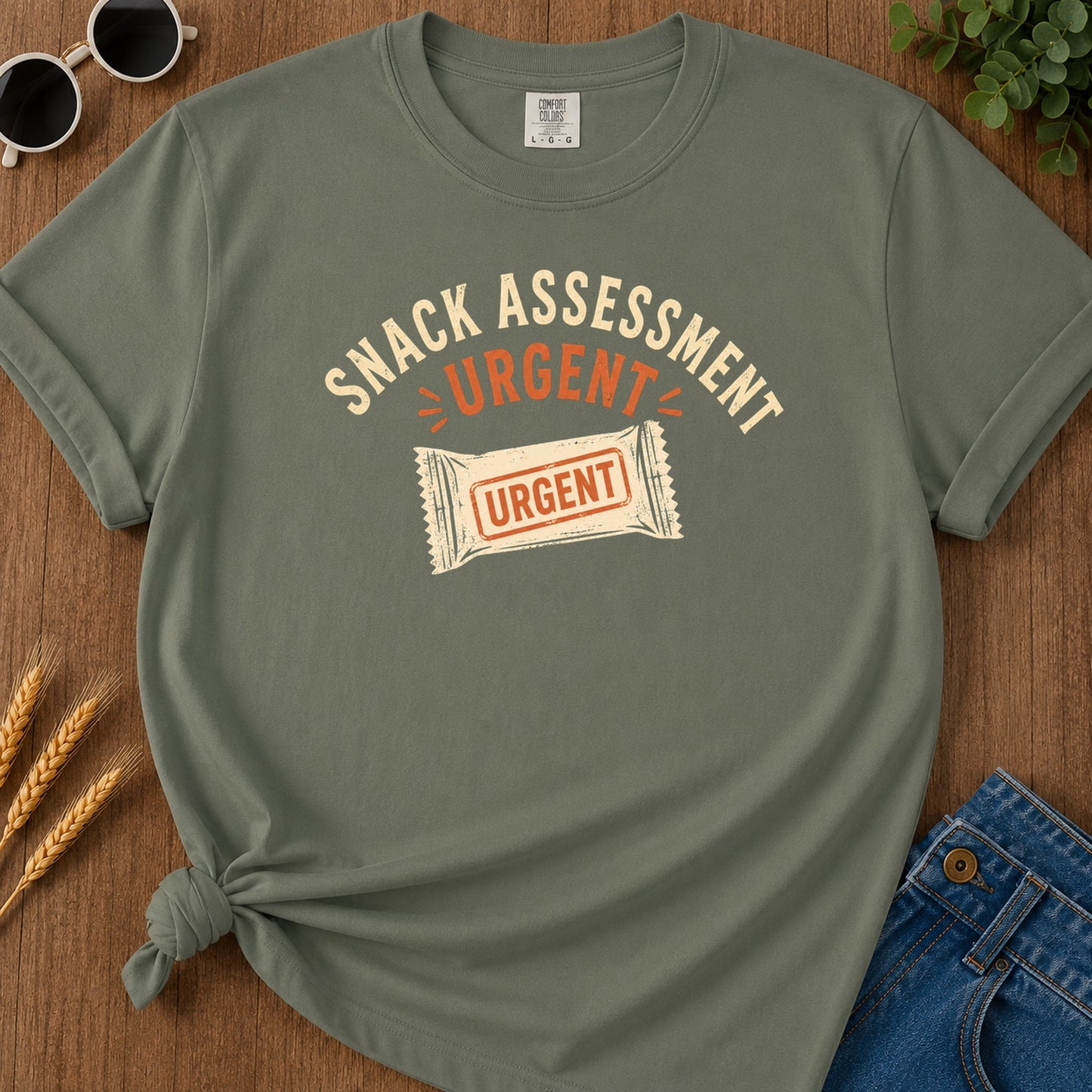 Snack Assessment Urgent T-Shirt - Moss Mockup