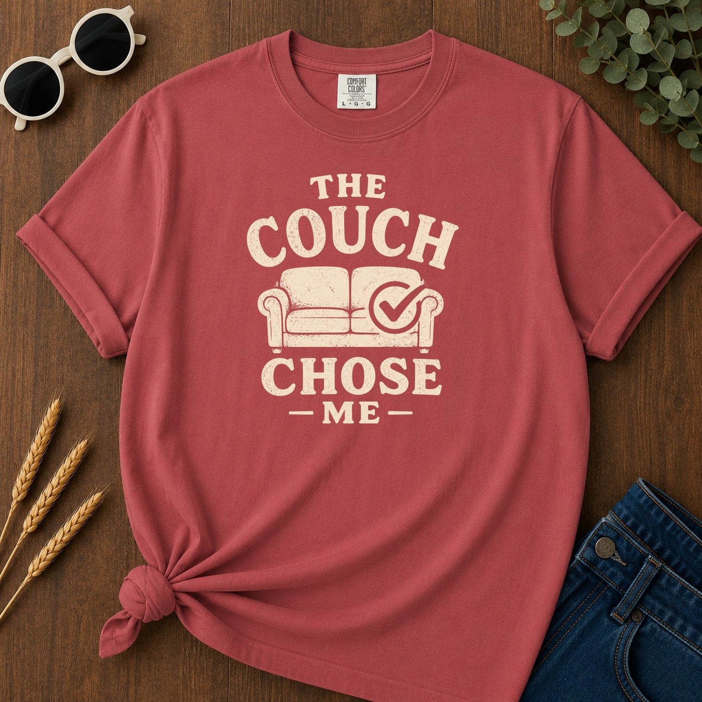 Couch Chose Me T-Shirt - Crimson Mockup
