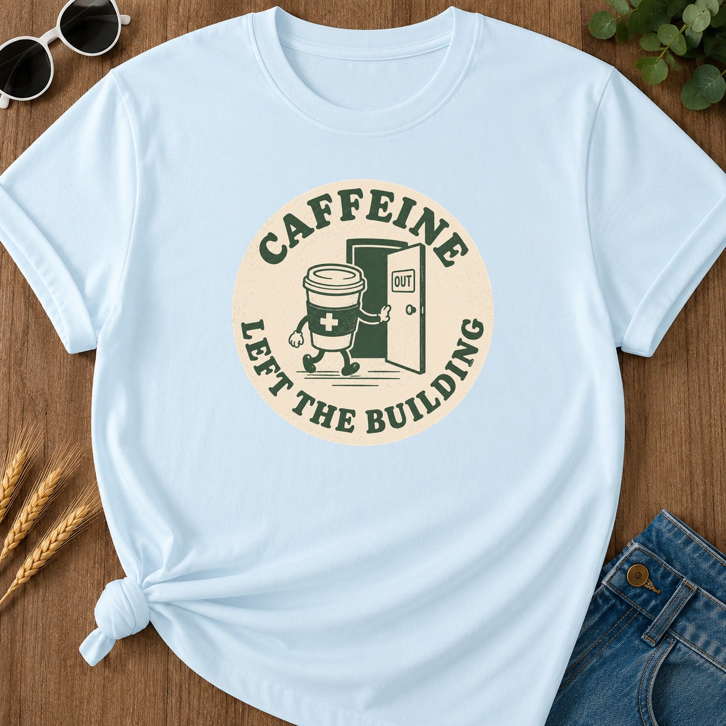 Caffeine Exit Building T-Shirt - Chambray Mockup