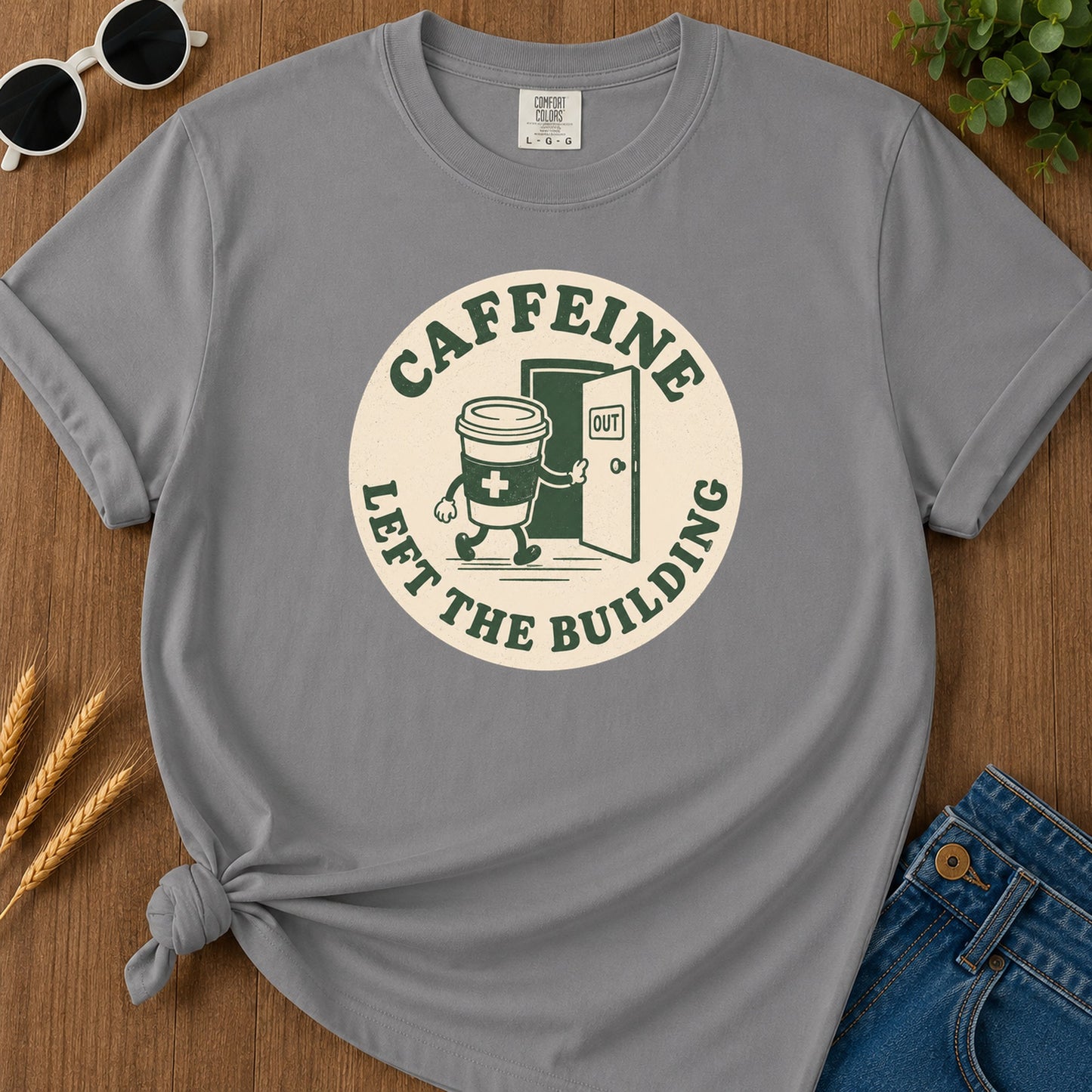 Caffeine Exit Building T-Shirt - Grey Mockup