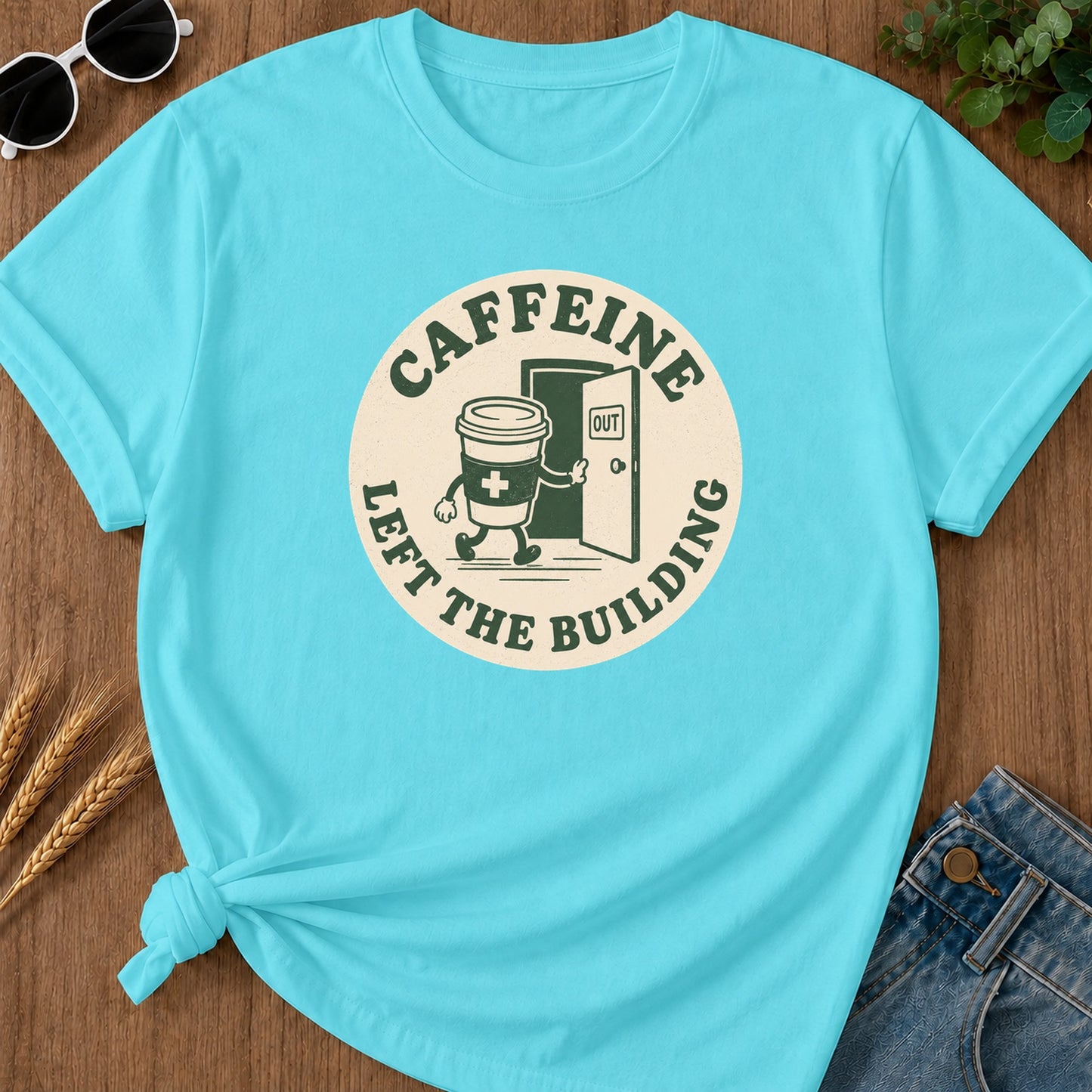 Caffeine Exit Building T-Shirt - Lagoon Blue Mockup