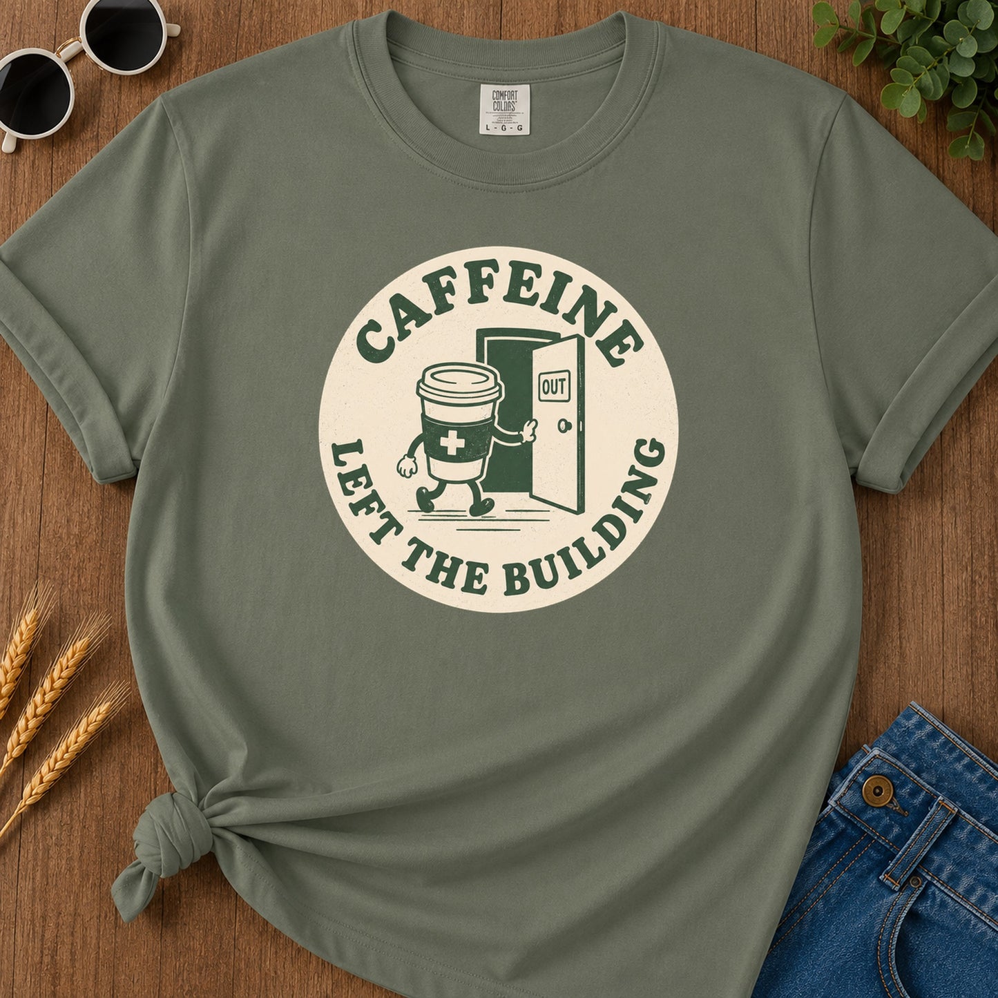 Caffeine Exit Building T-Shirt - Moss Mockup