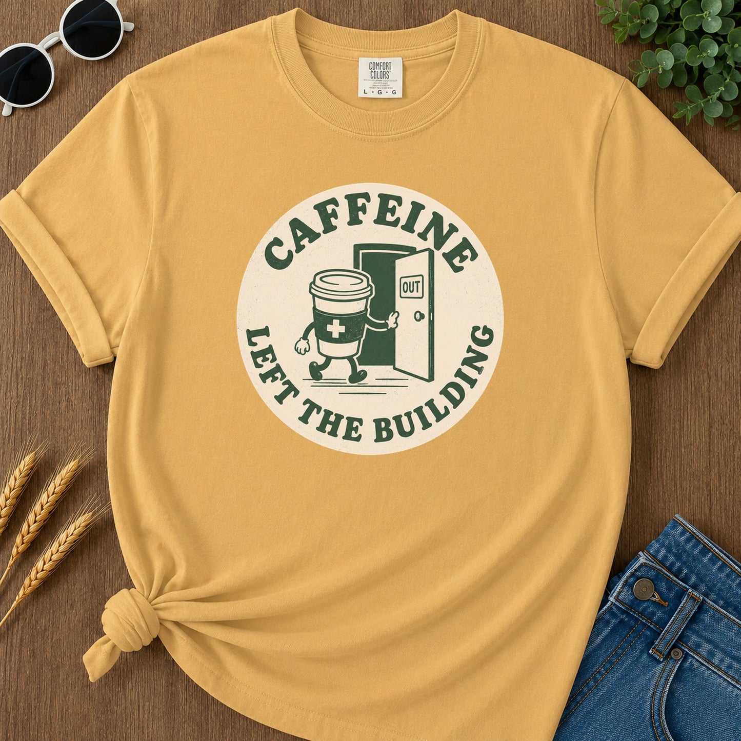 Caffeine Exit Building T-Shirt - Mustard Mockup