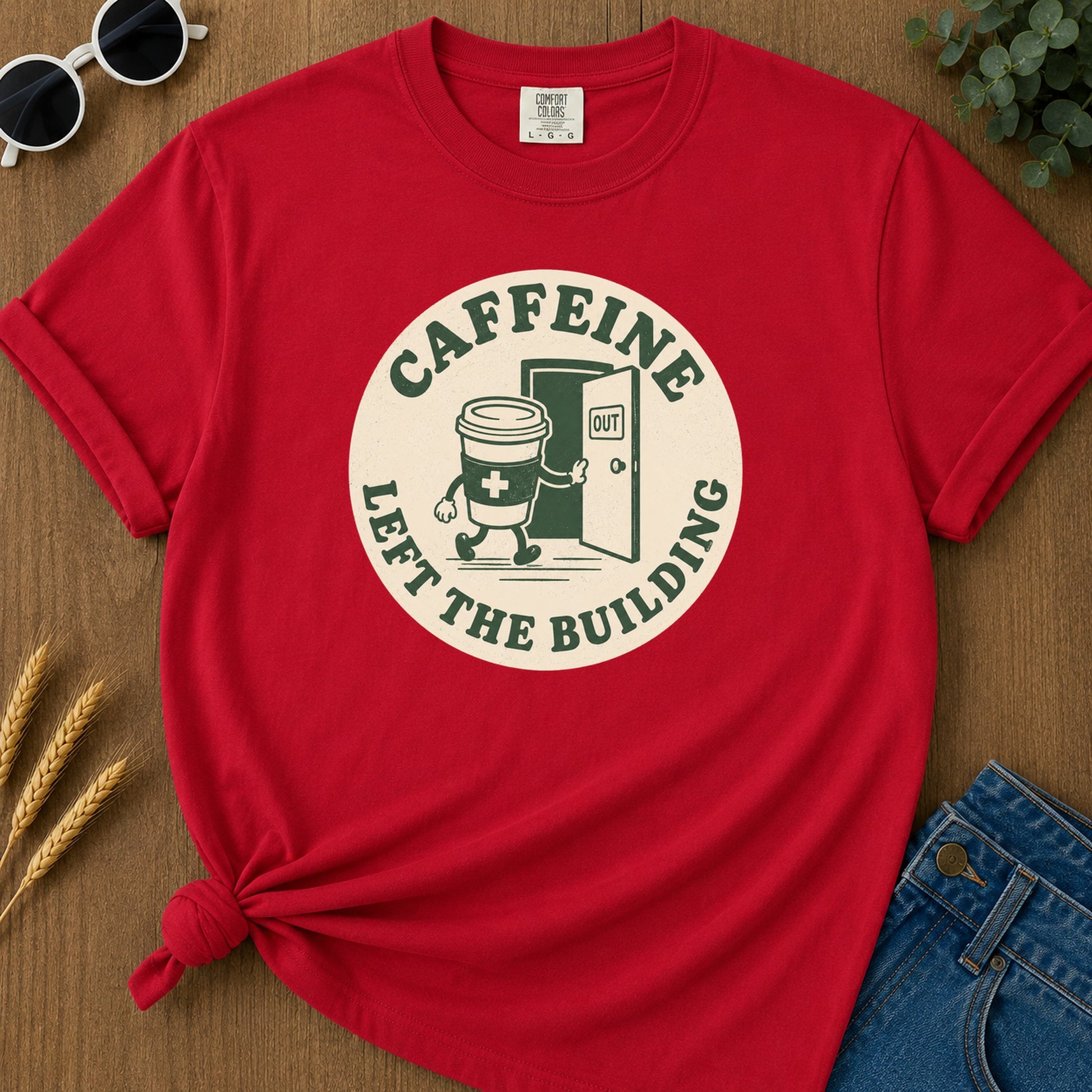 Caffeine Exit Building T-Shirt - Red Mockup