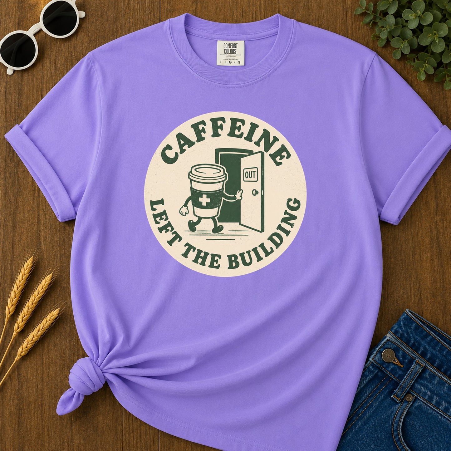 Caffeine Exit Building T-Shirt - Violet Mockup