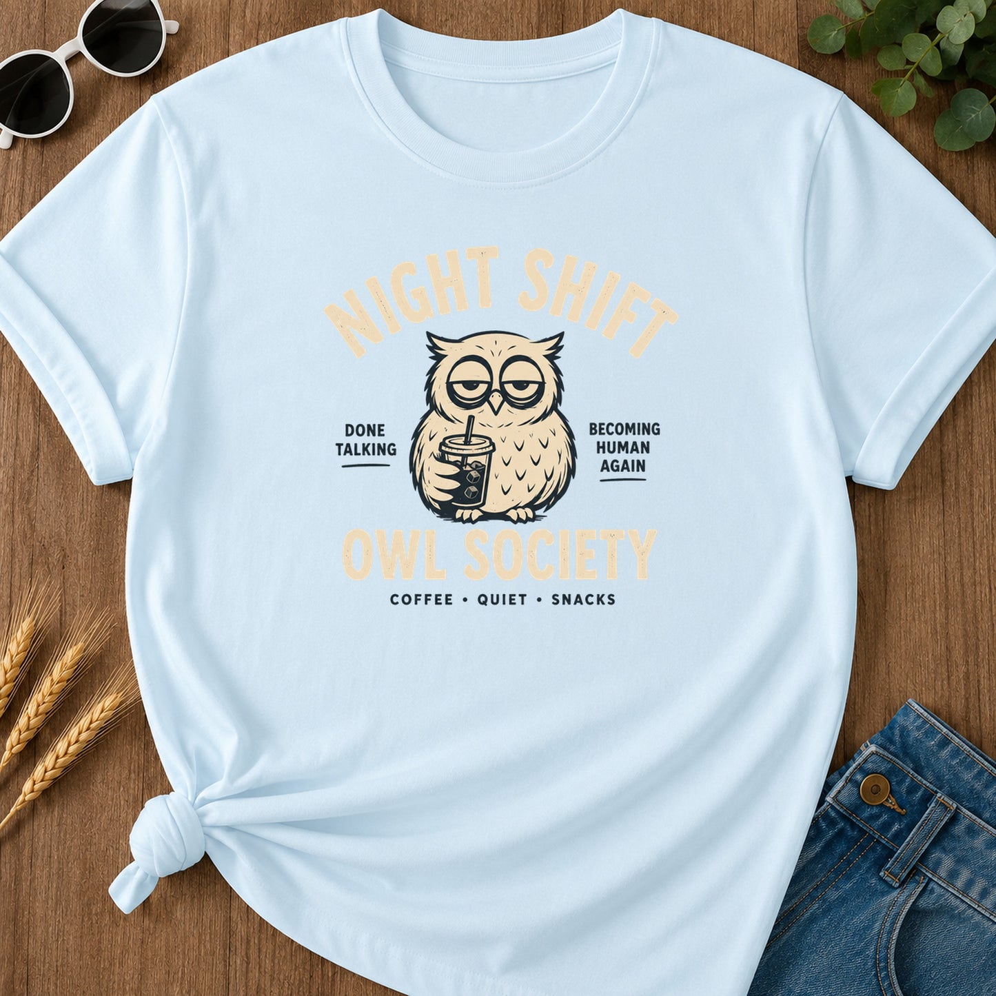 Night Shift Owl T-Shirt - Chambray Mockup
