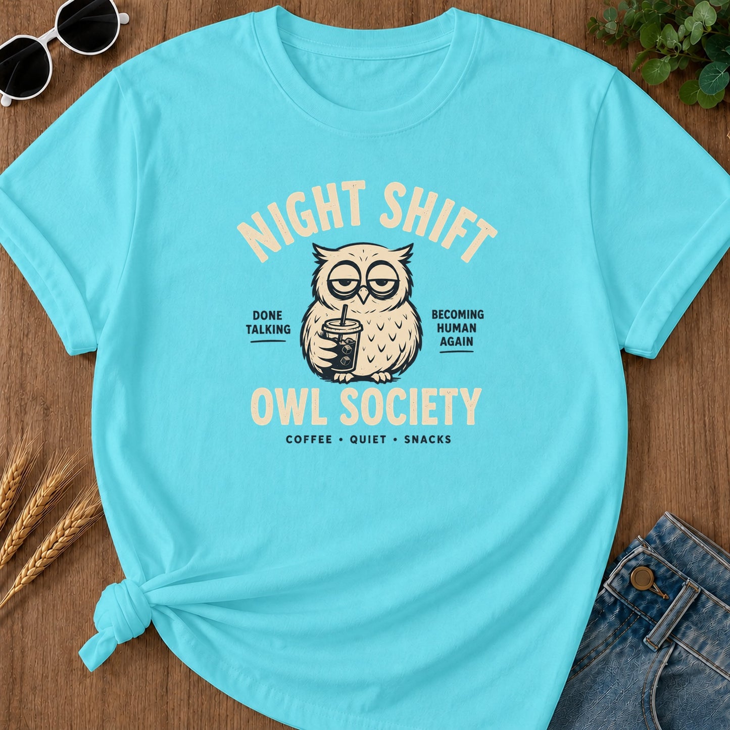 Night Shift Owl T-Shirt - Lagoon Blue Mockup