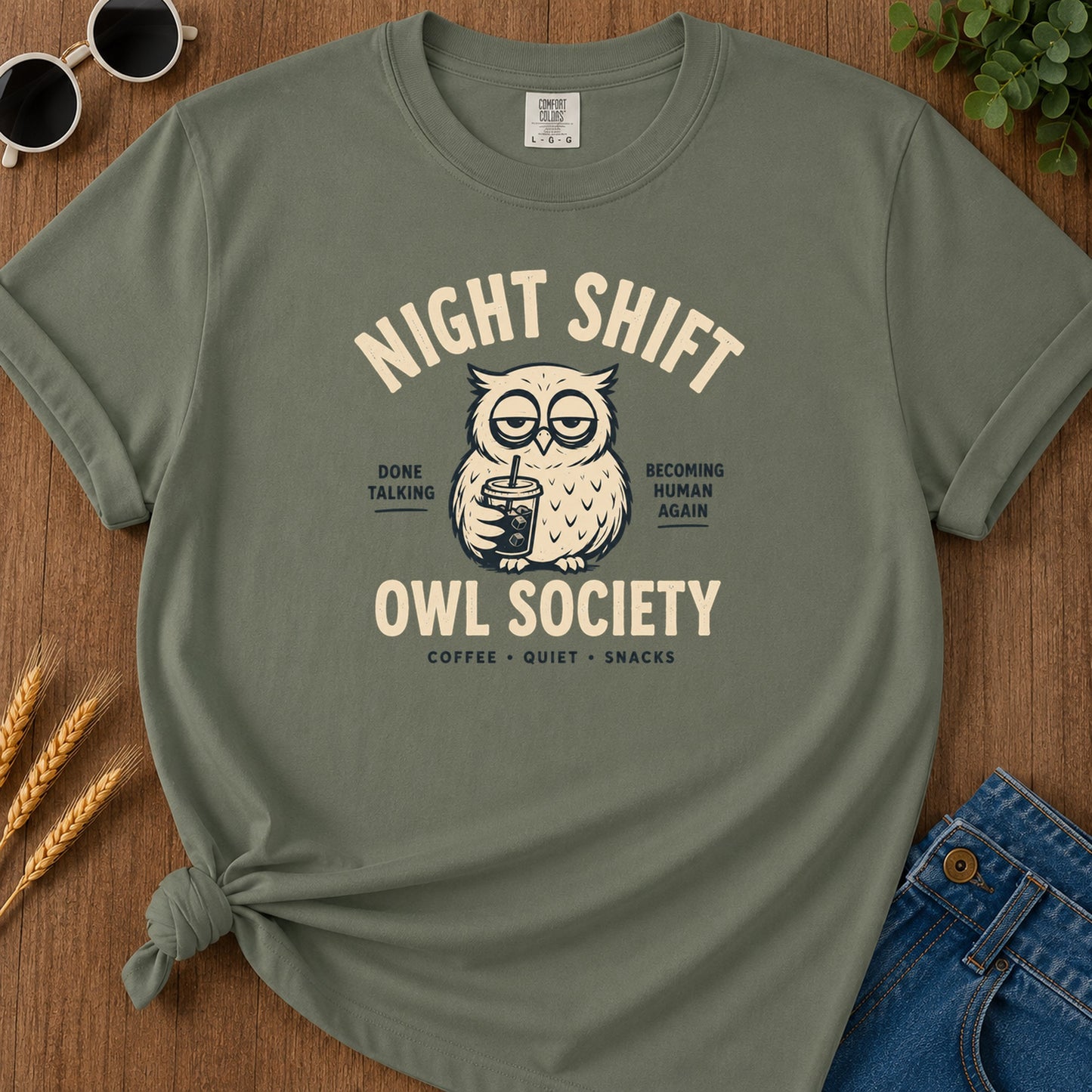 Night Shift Owl T-Shirt - Moss Mockup