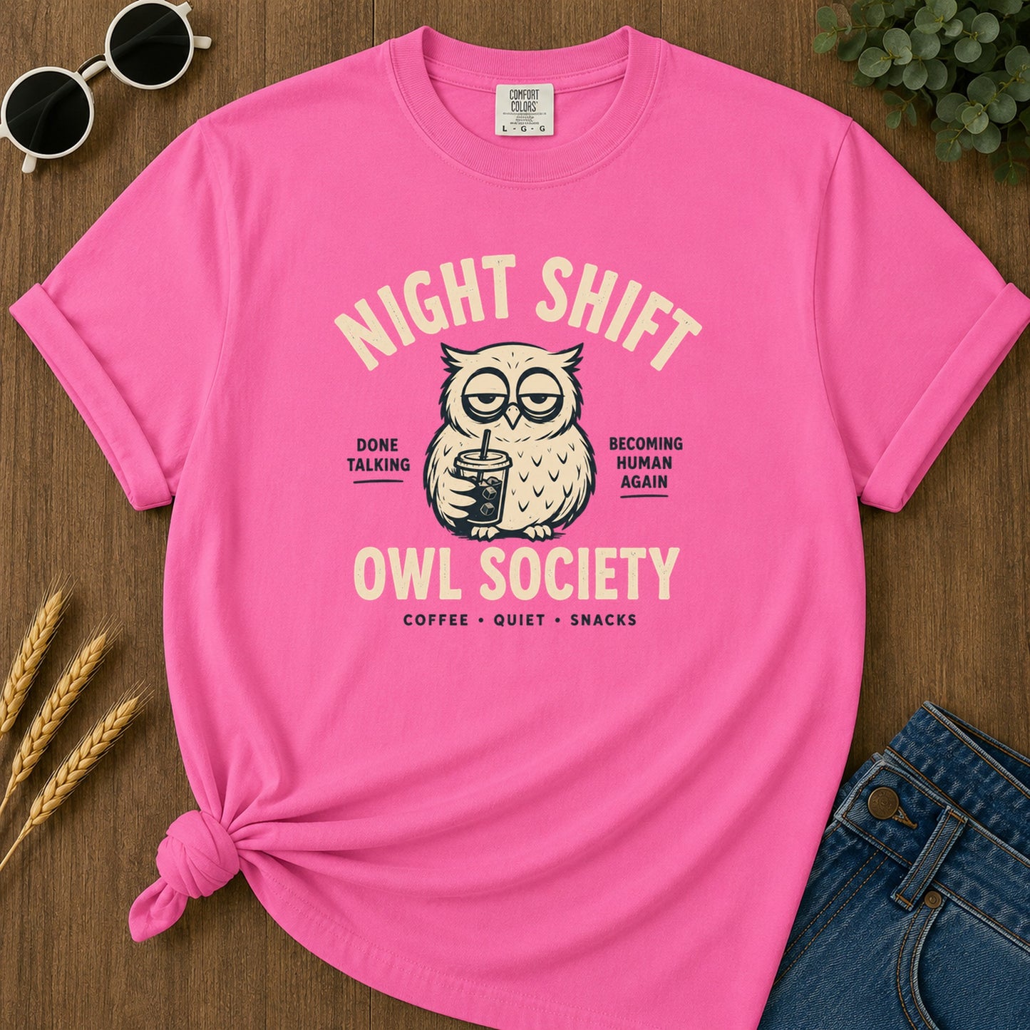 Night Shift Owl T-Shirt - Neon Pink Mockup