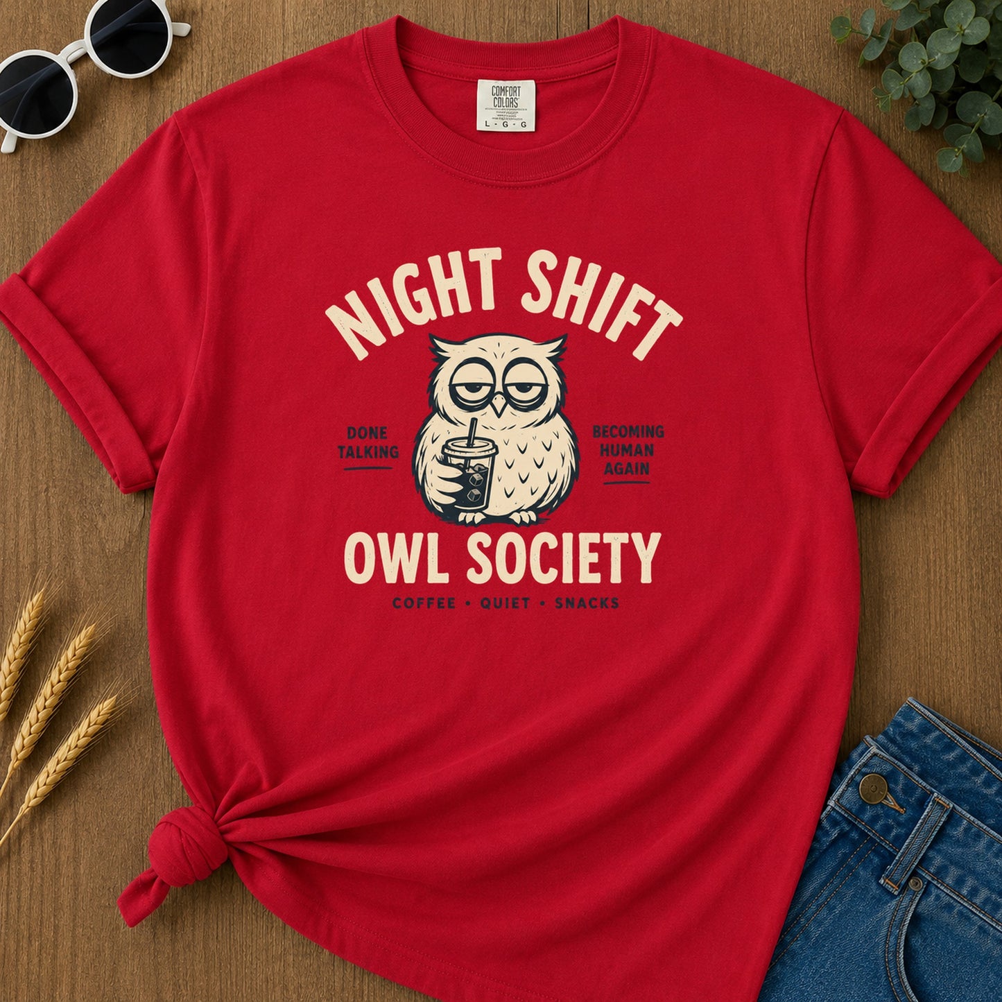 Night Shift Owl T-Shirt - Red Mockup