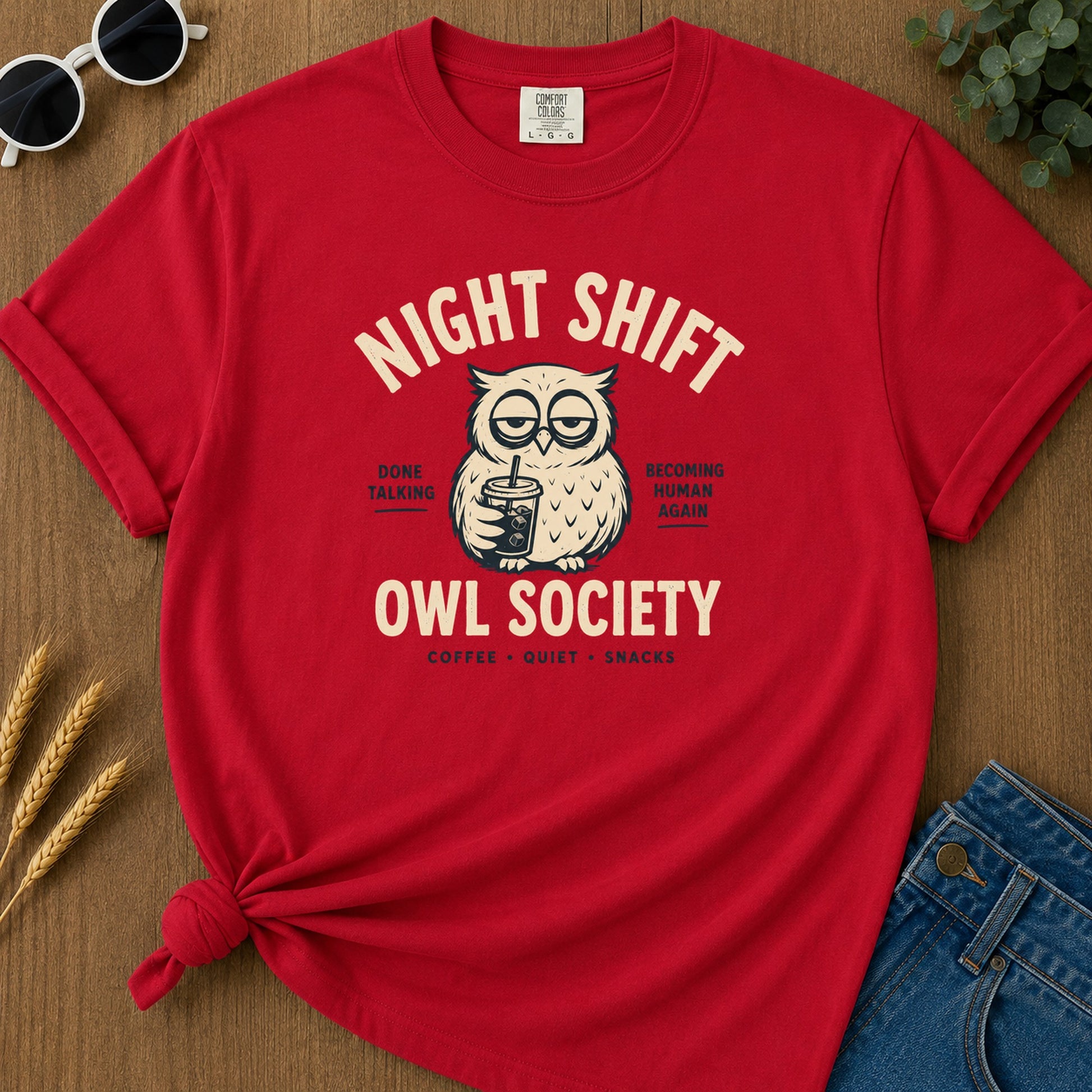 Night Shift Owl T-Shirt - Red Mockup