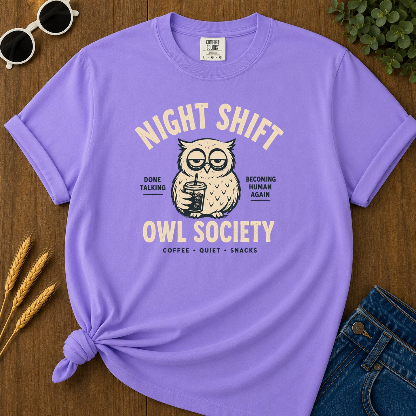 Night Shift Owl T-Shirt - Violet Mockup