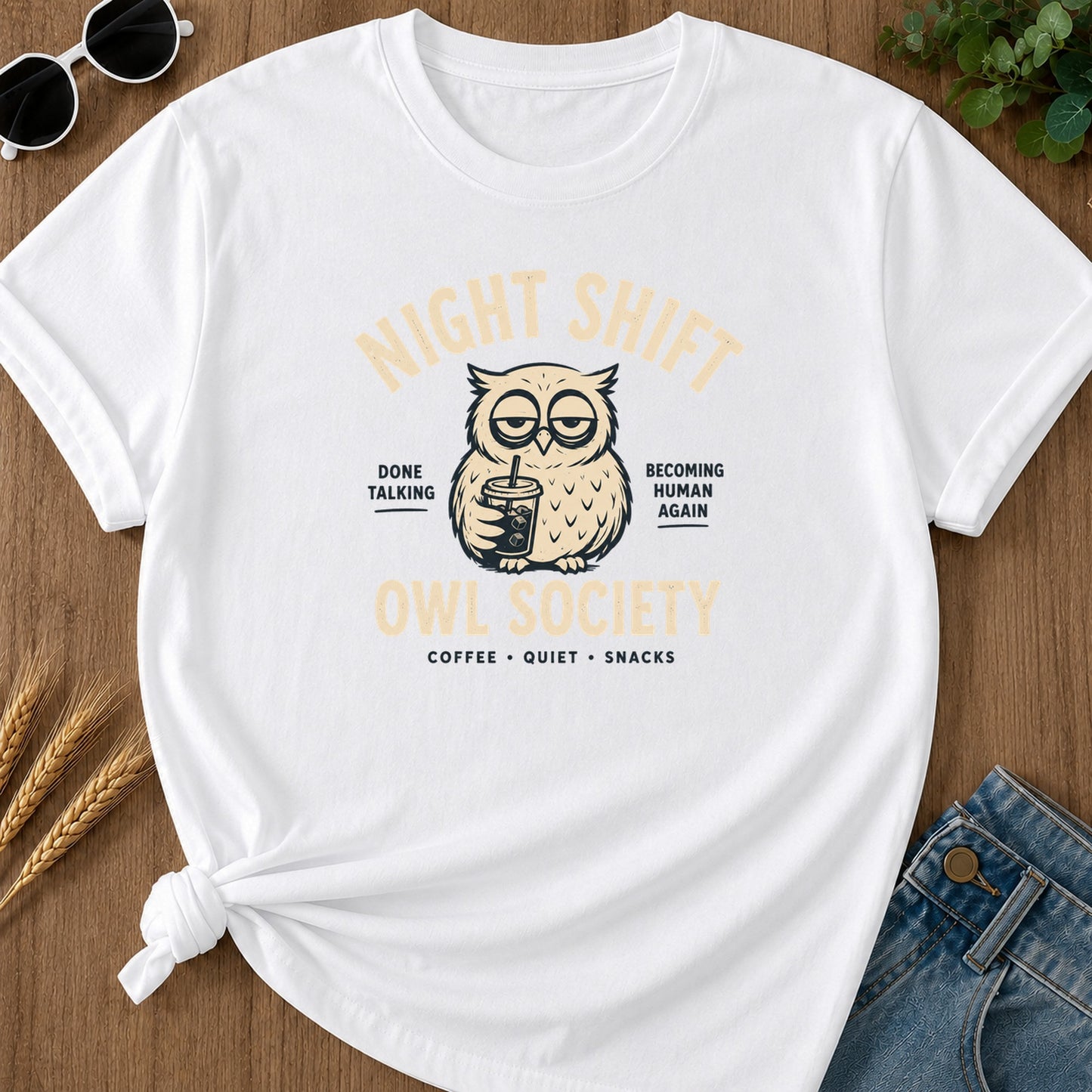 Night Shift Owl T-Shirt - White Mockup