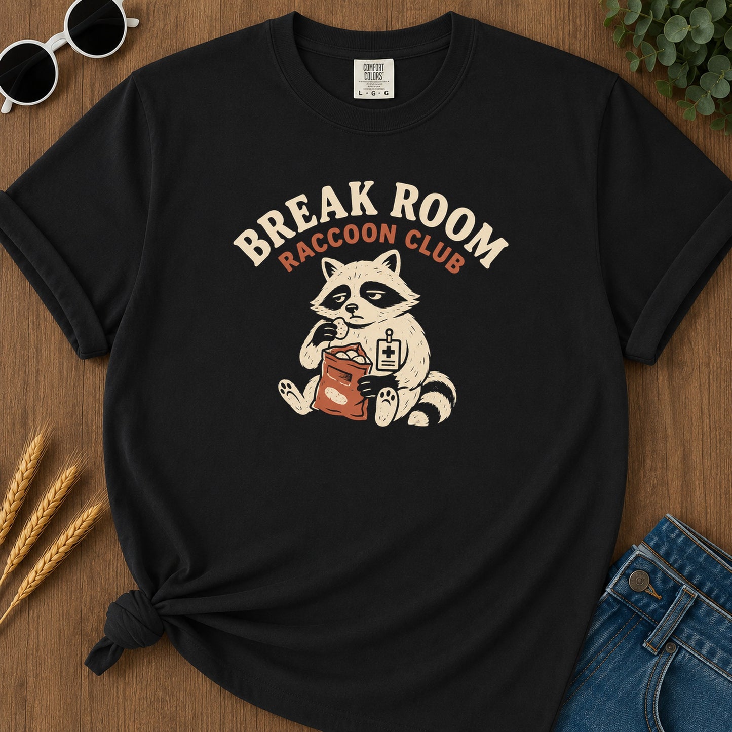 Break Room Raccoon T-Shirt - Black Mockup