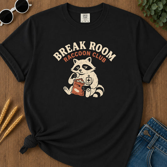 Break Room Raccoon T-Shirt - Black Mockup