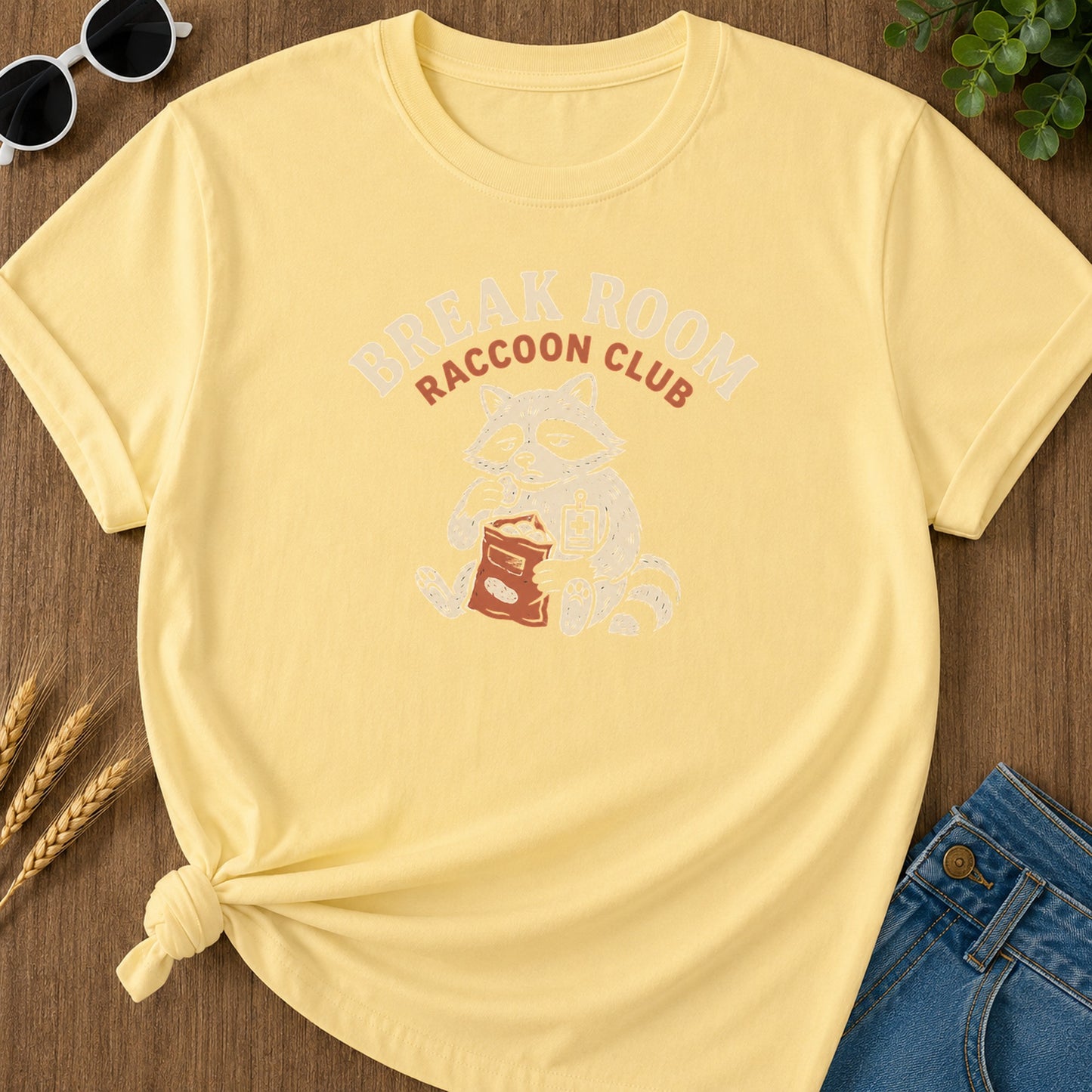 Break Room Raccoon T-Shirt - Butter Mockup