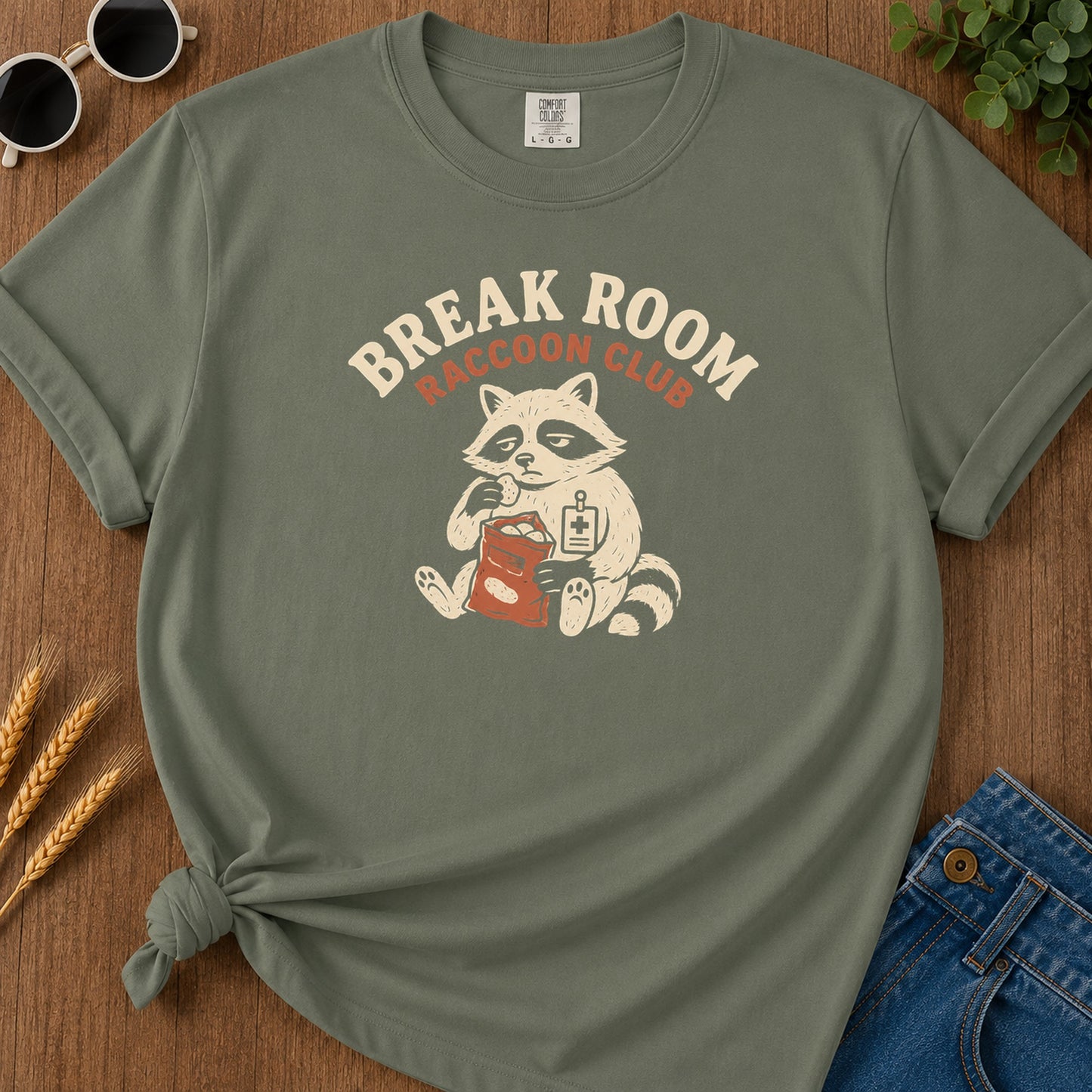 Break Room Raccoon T-Shirt - Moss Mockup