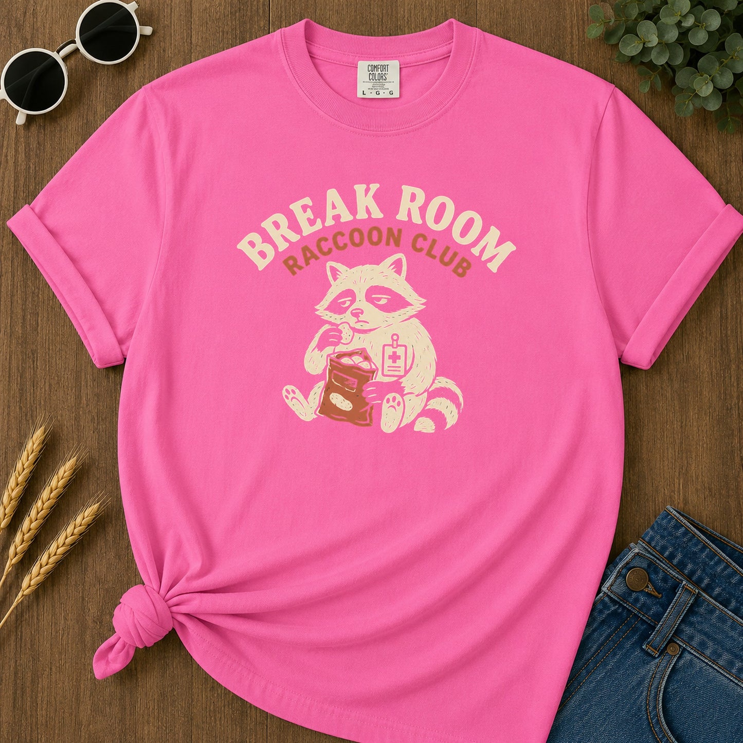 Break Room Raccoon T-Shirt - Neon Pink Mockup