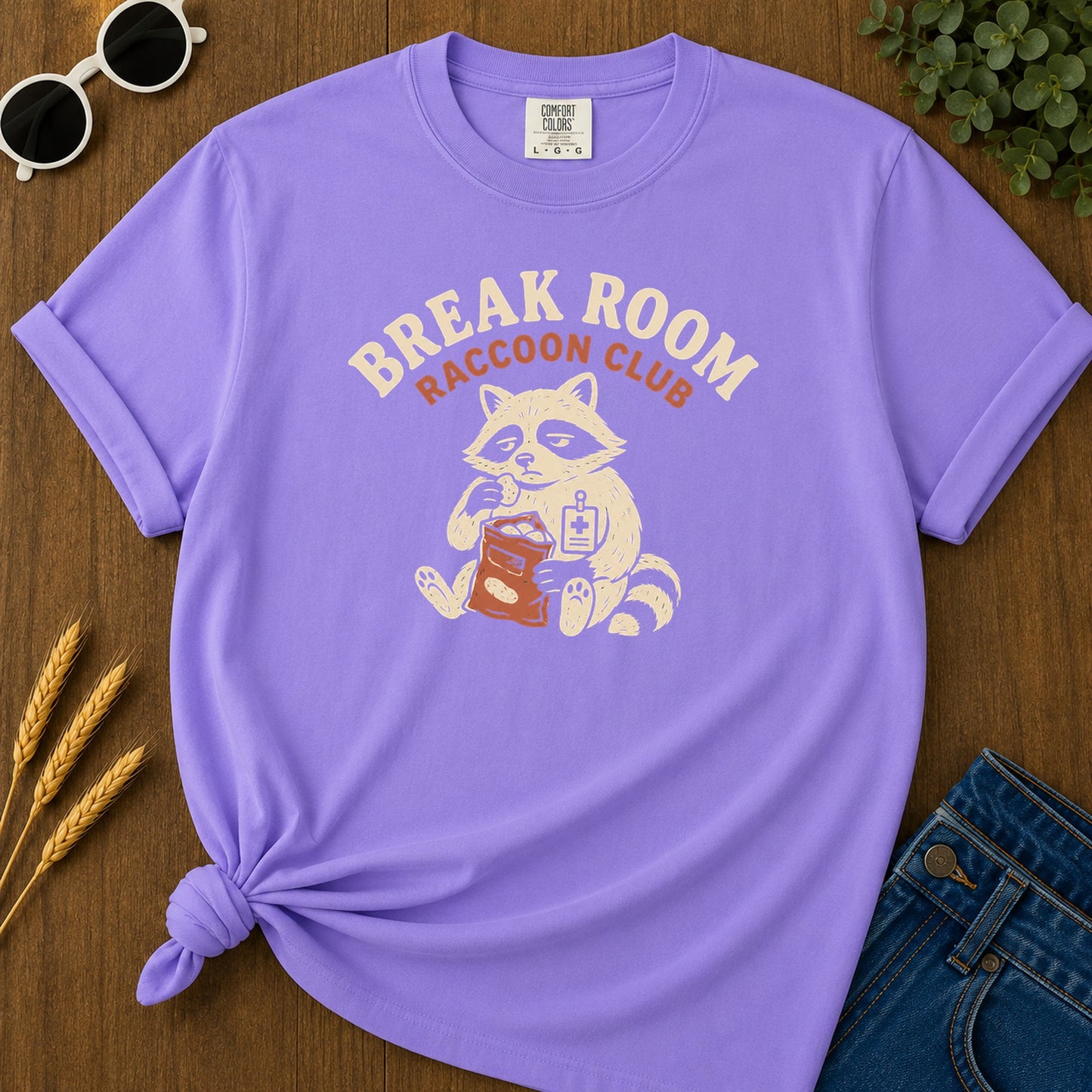 Break Room Raccoon T-Shirt - Violet Mockup