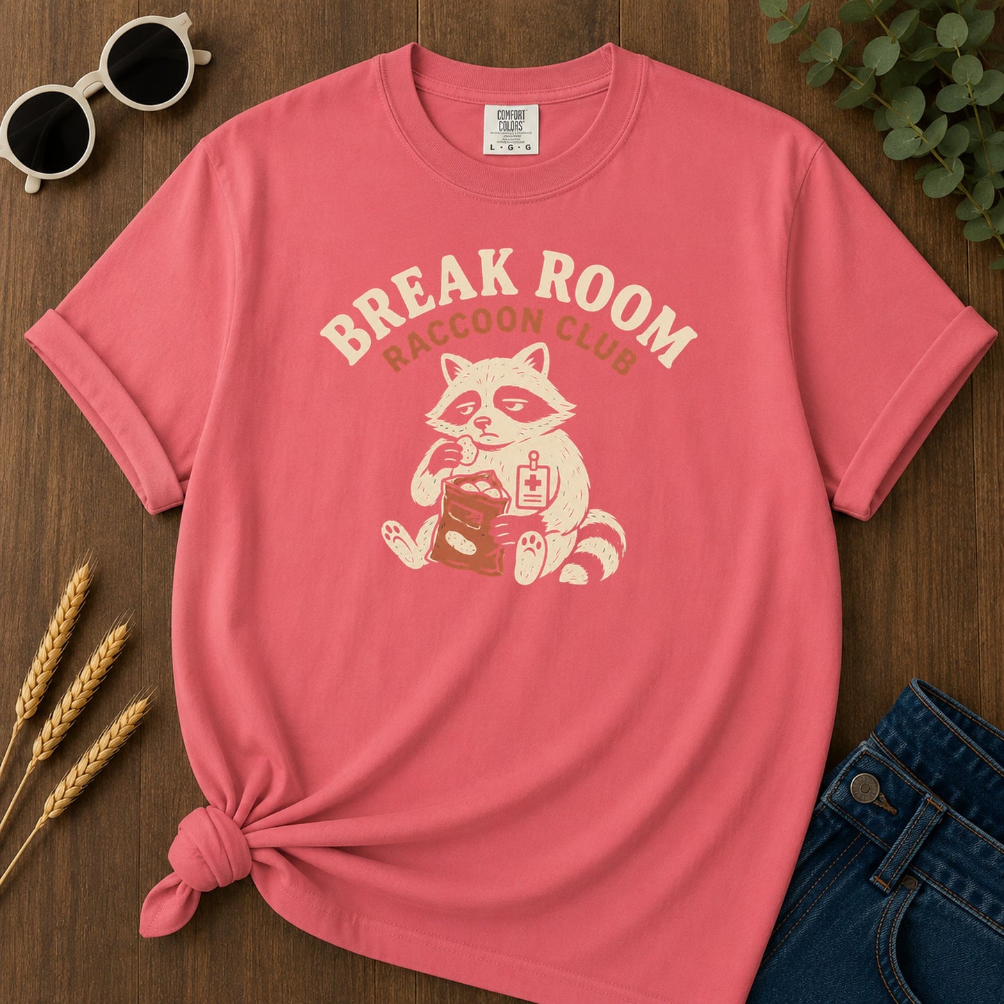 Break Room Raccoon T-Shirt - Watermelon Mockup