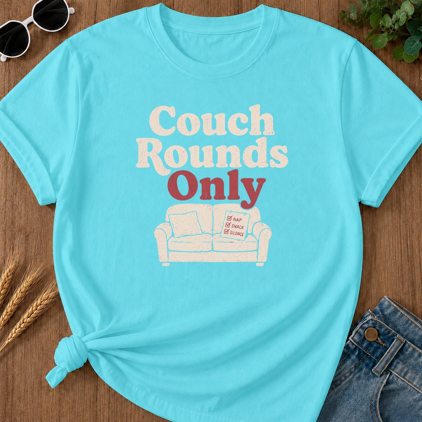 Couch Rounds Only T-Shirt - Lagoon Blue Mockup
