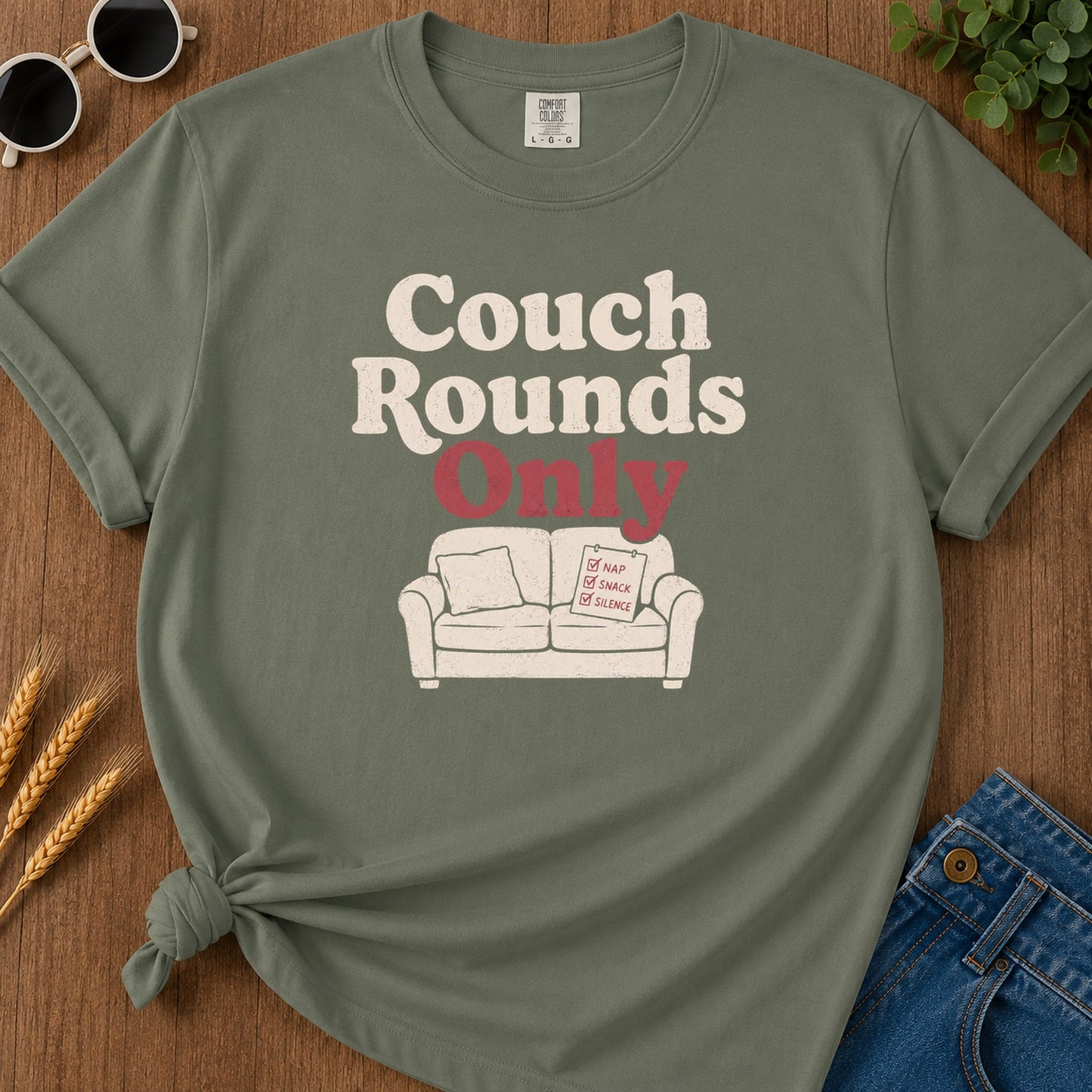 Couch Rounds Only T-Shirt - Moss Mockup
