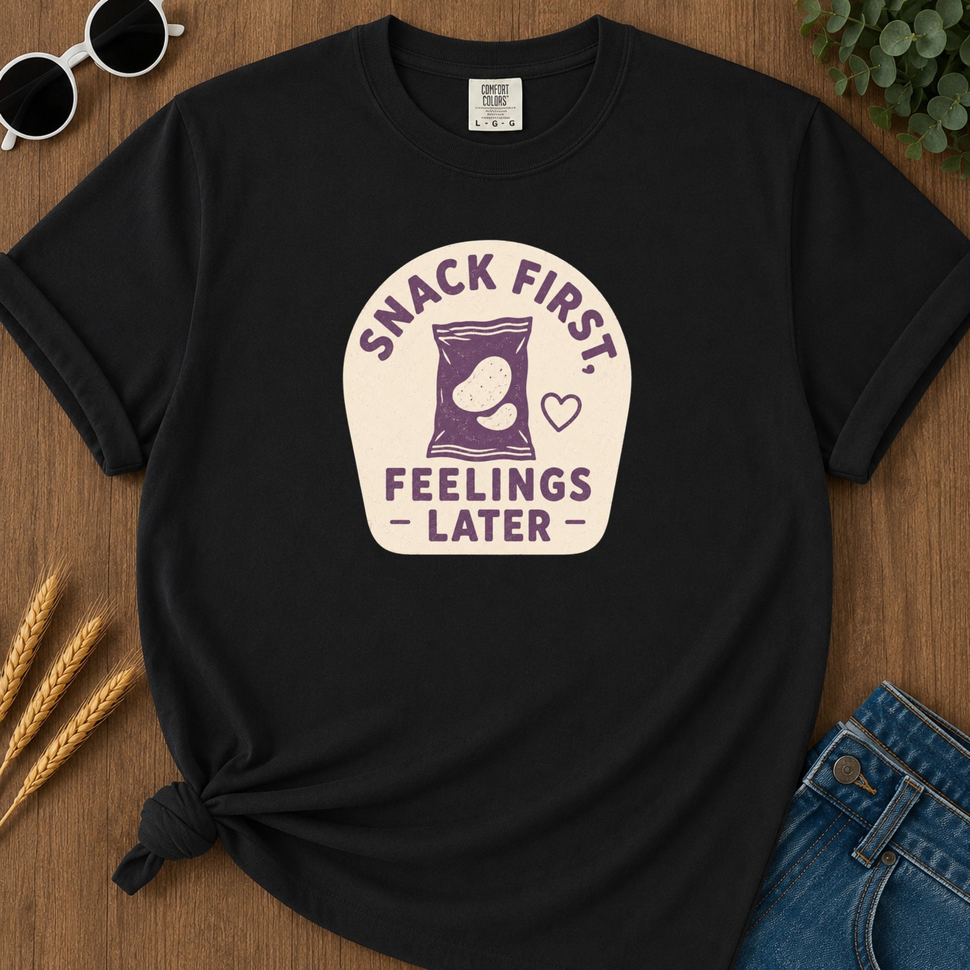 Snack First Feelings T-Shirt - Black Mockup