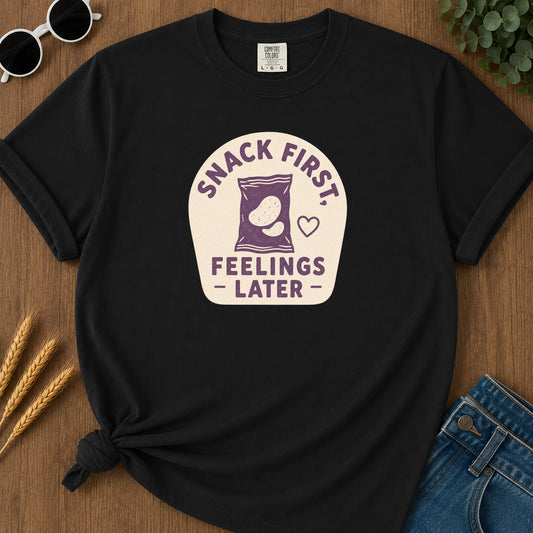 Snack First Feelings T-Shirt - Black Mockup