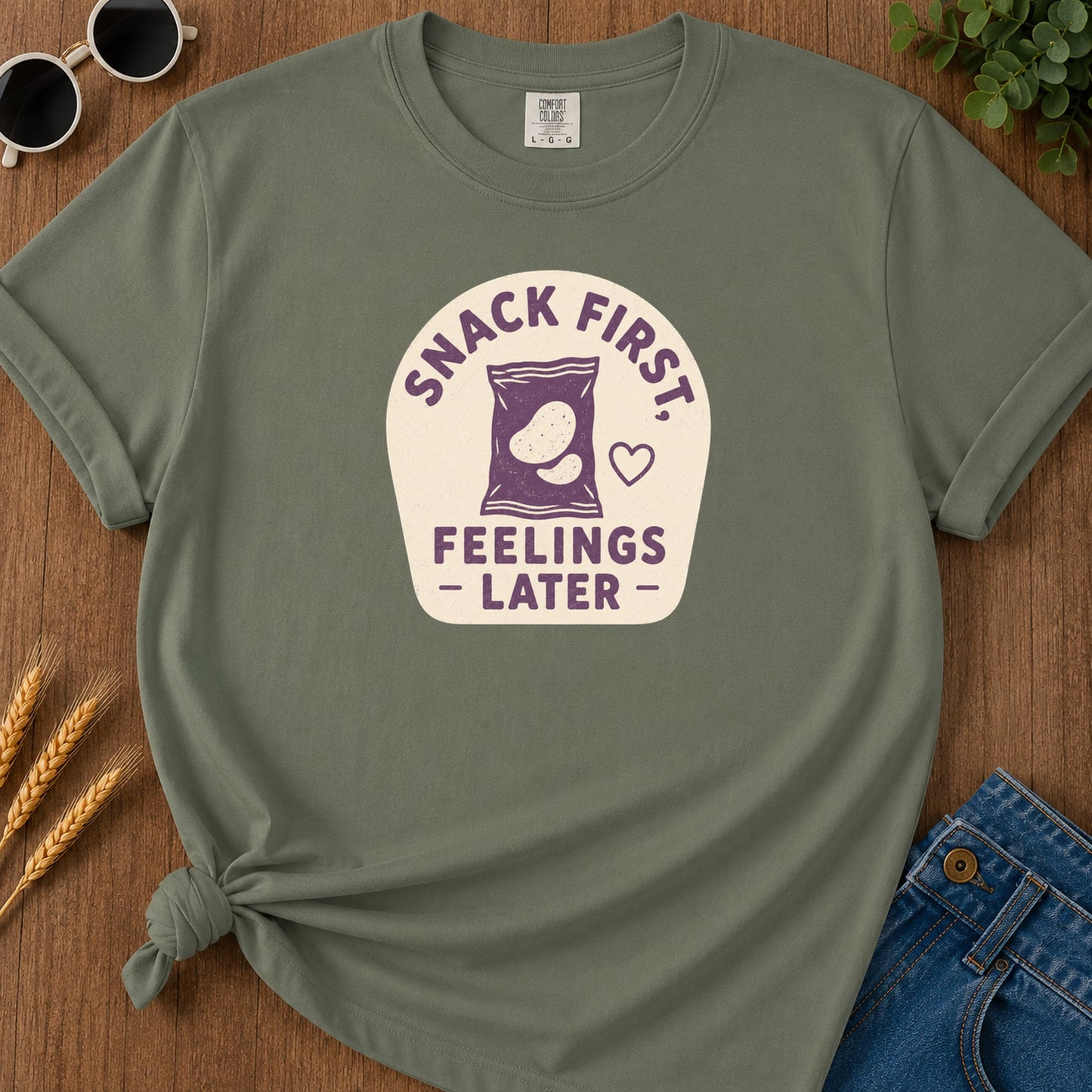 Snack First Feelings T-Shirt - Moss Mockup