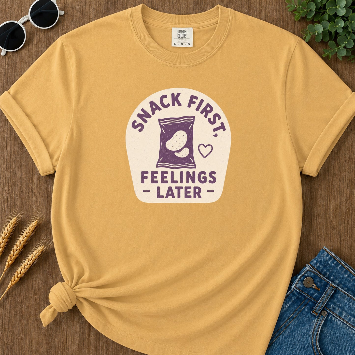 Snack First Feelings T-Shirt - Mustard Mockup