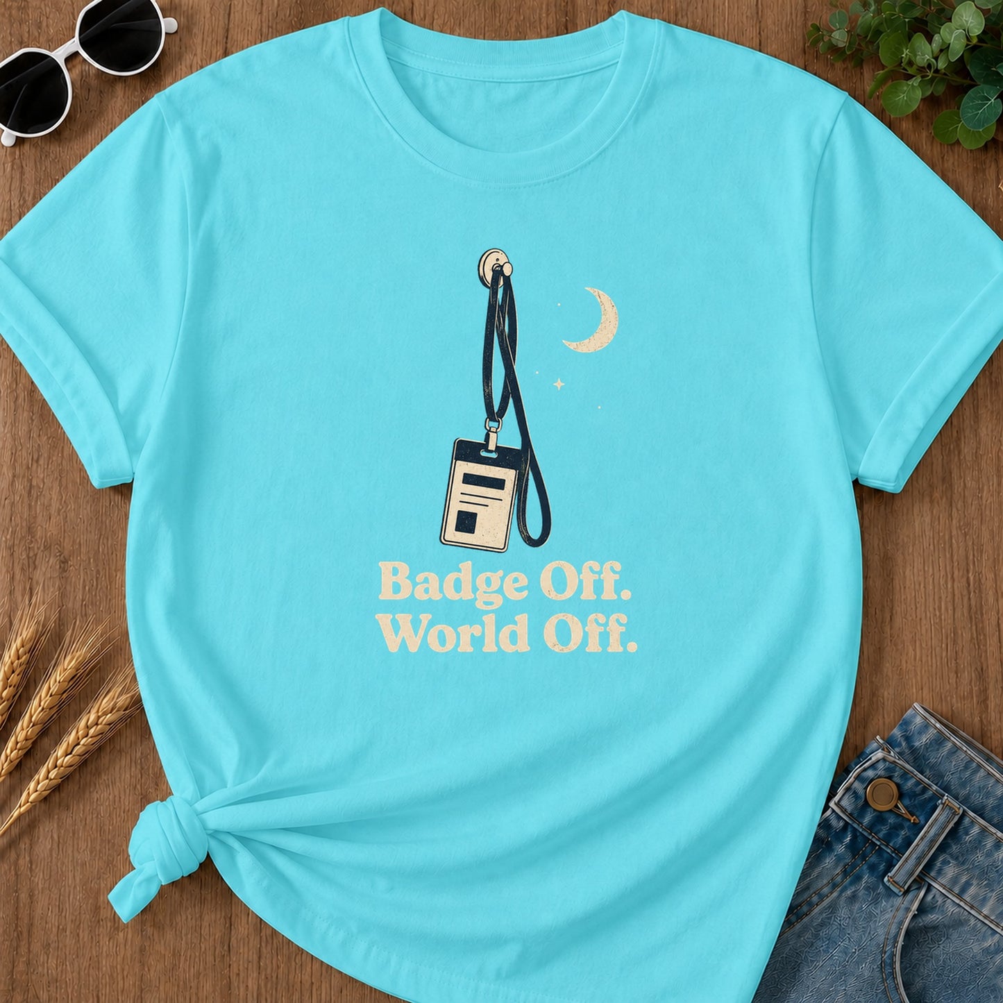 Badge Off World Off T-Shirt - Lagoon Blue Mockup