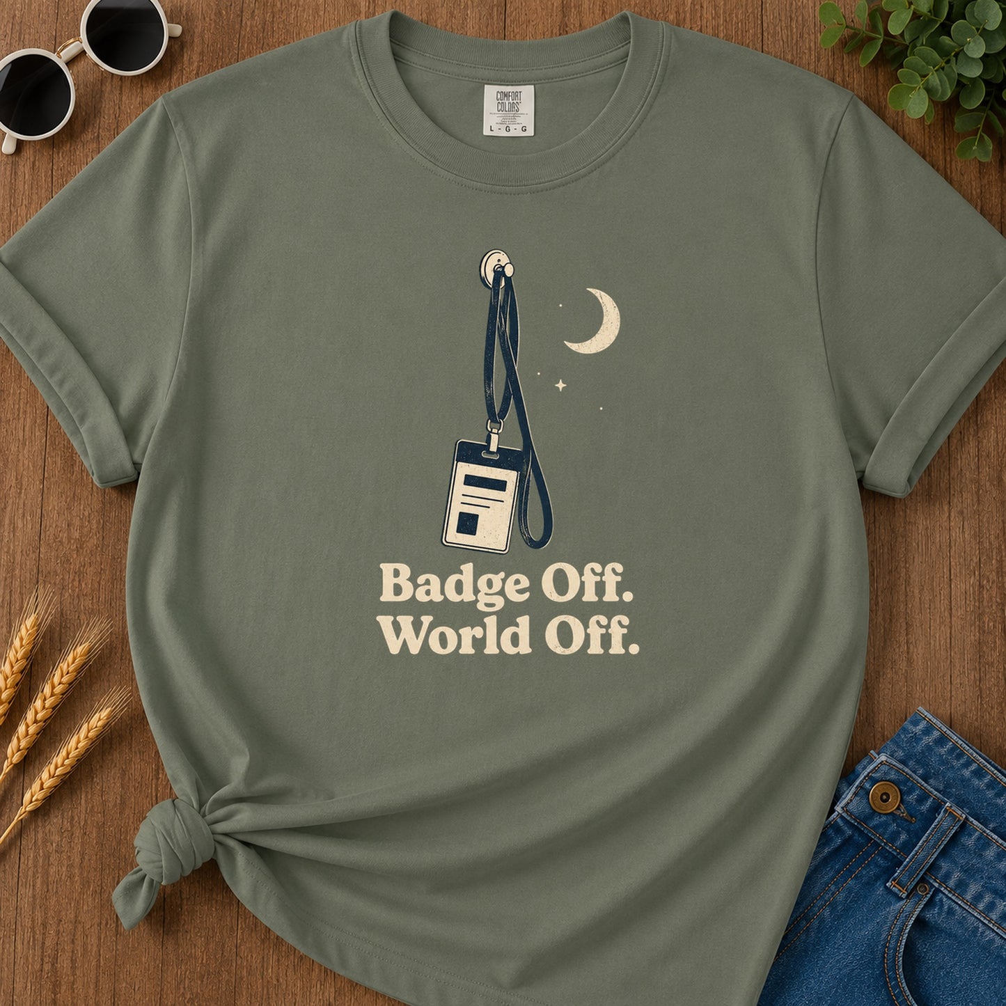 Badge Off World Off T-Shirt - Moss Mockup
