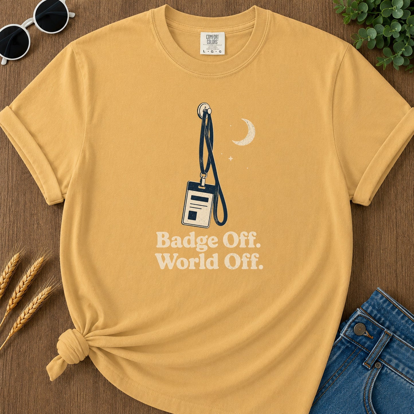 Badge Off World Off T-Shirt - Mustard Mockup