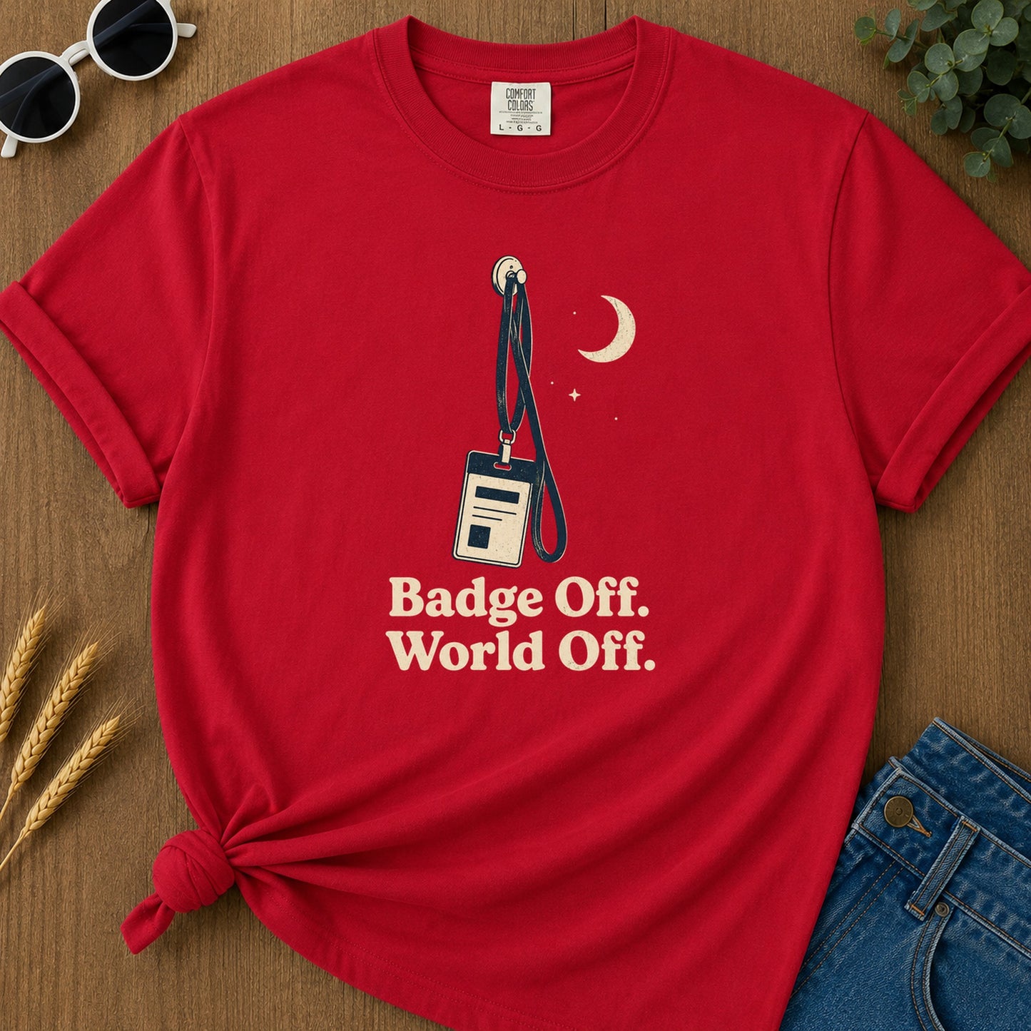 Badge Off World Off T-Shirt - Red Mockup