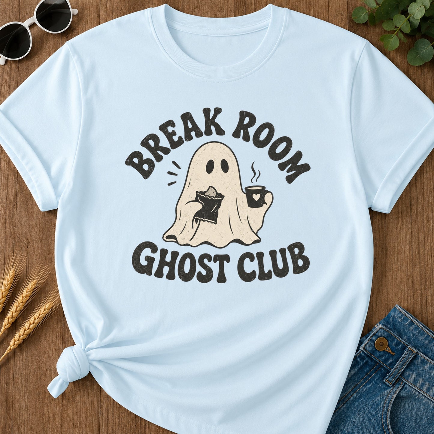 Break Room Ghost T-Shirt - Chambray Mockup