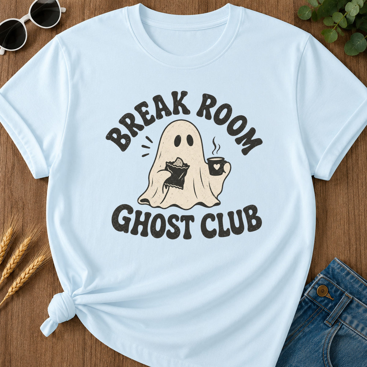 Break Room Ghost T-Shirt - Chambray Mockup