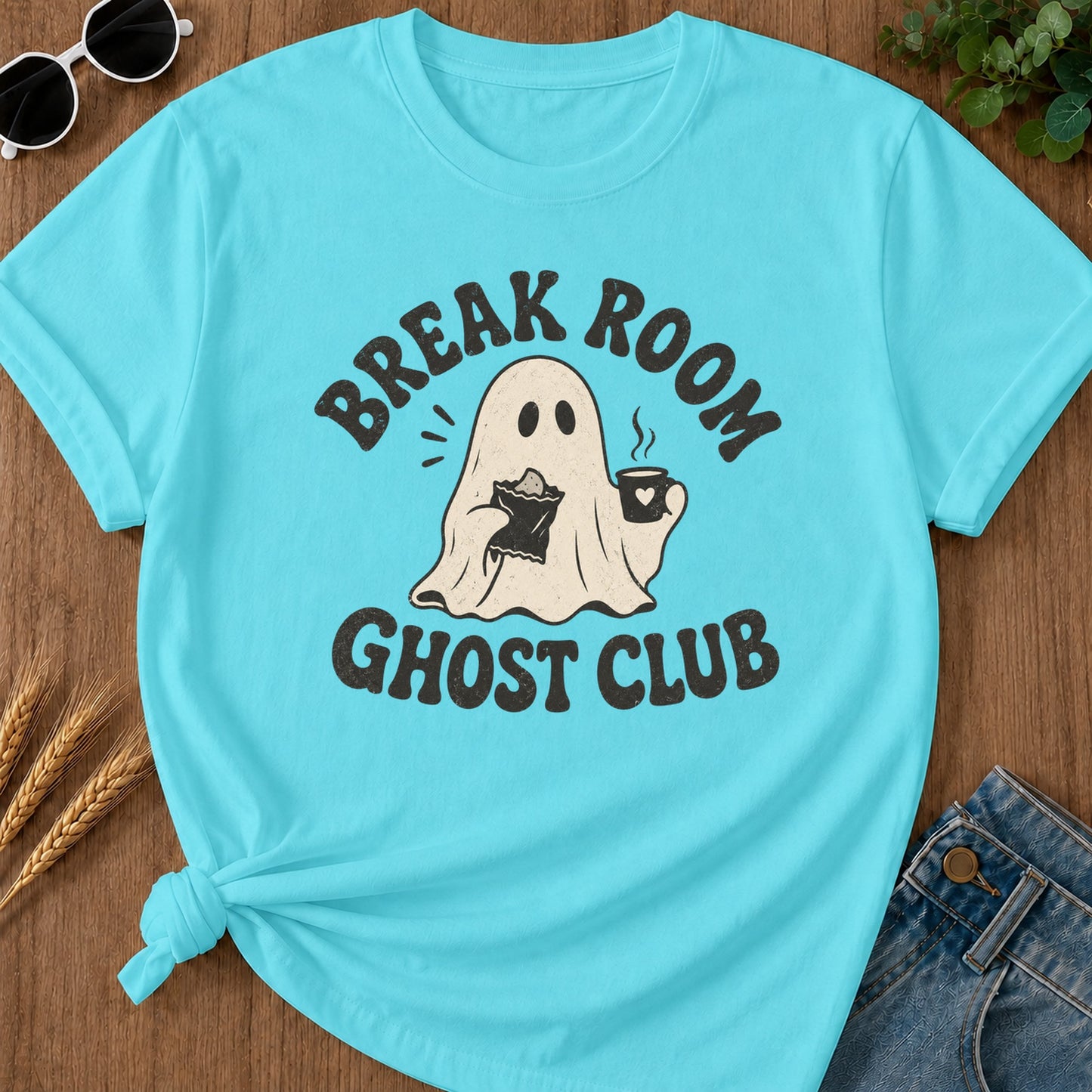 Break Room Ghost T-Shirt - Lagoon Blue Mockup