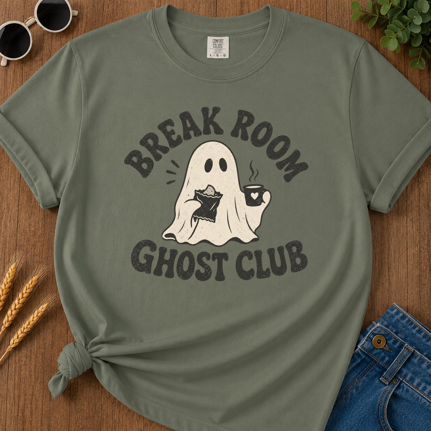 Break Room Ghost T-Shirt - Moss Mockup