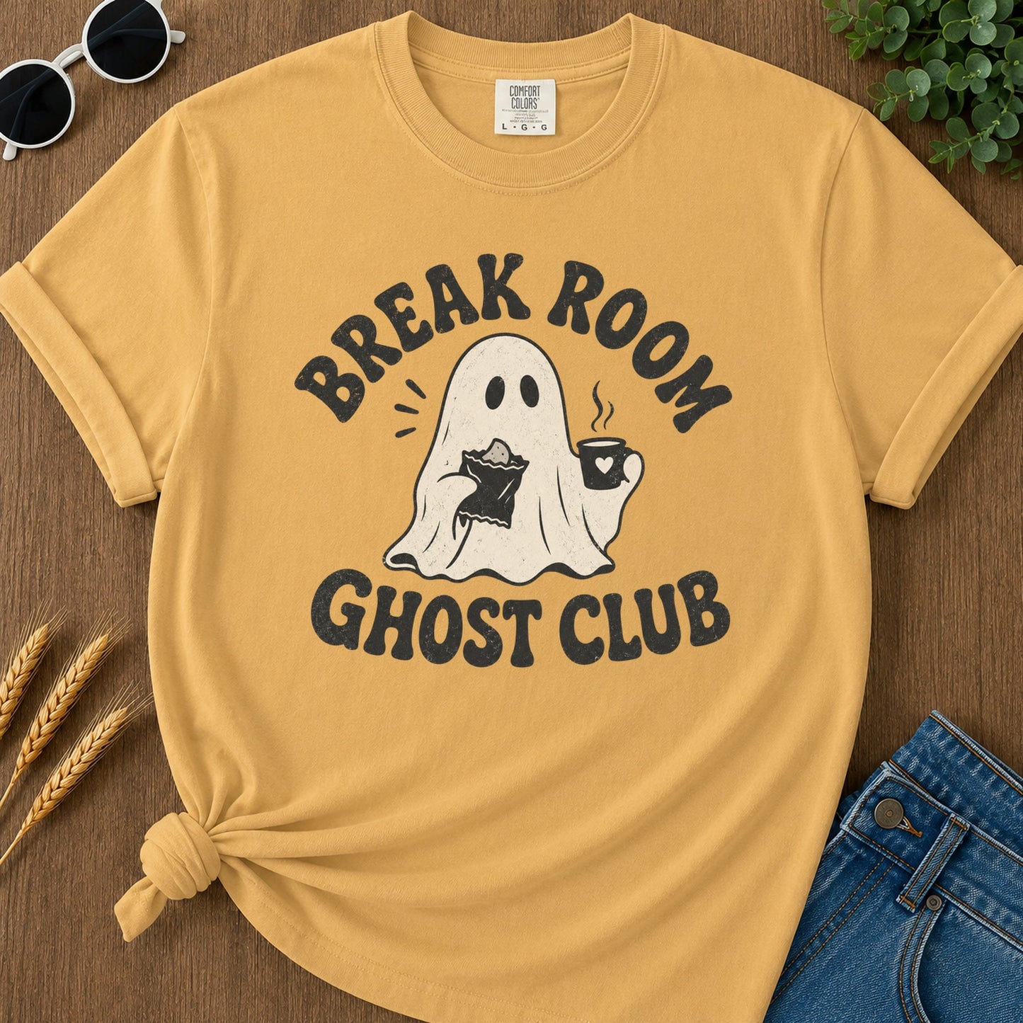 Break Room Ghost T-Shirt - Mustard Mockup