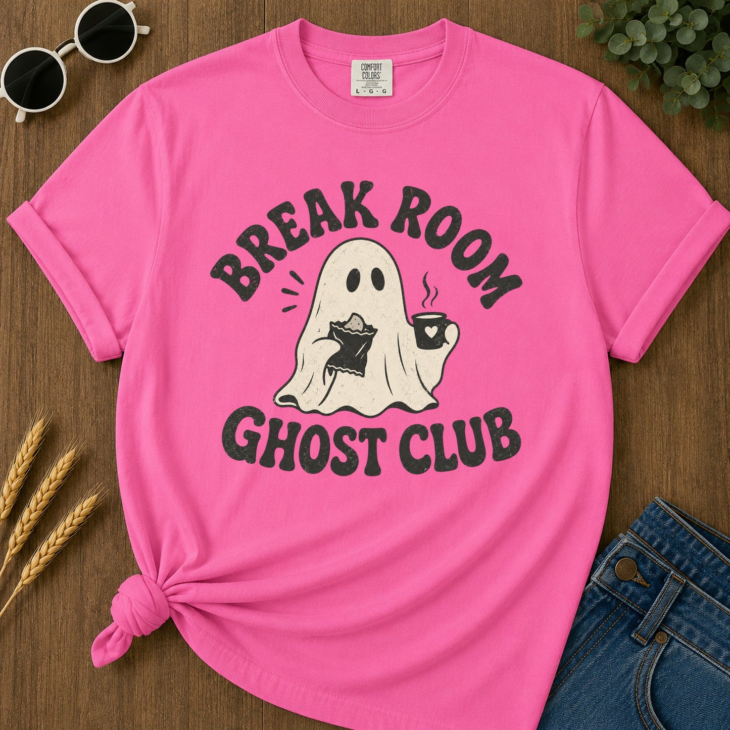 Break Room Ghost T-Shirt - Neon Pink Mockup