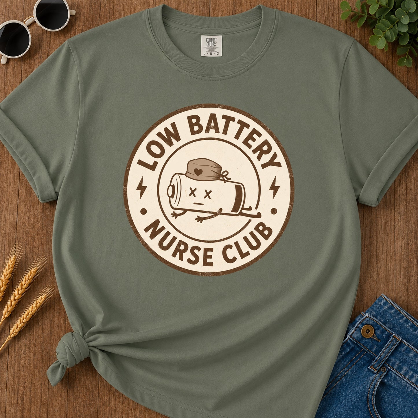 Low Battery Nurse Club T-Shirt - Moss Mockup