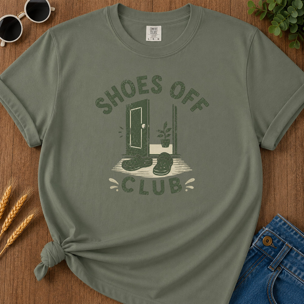 Shoes Off Club T-Shirt - Moss Mockup