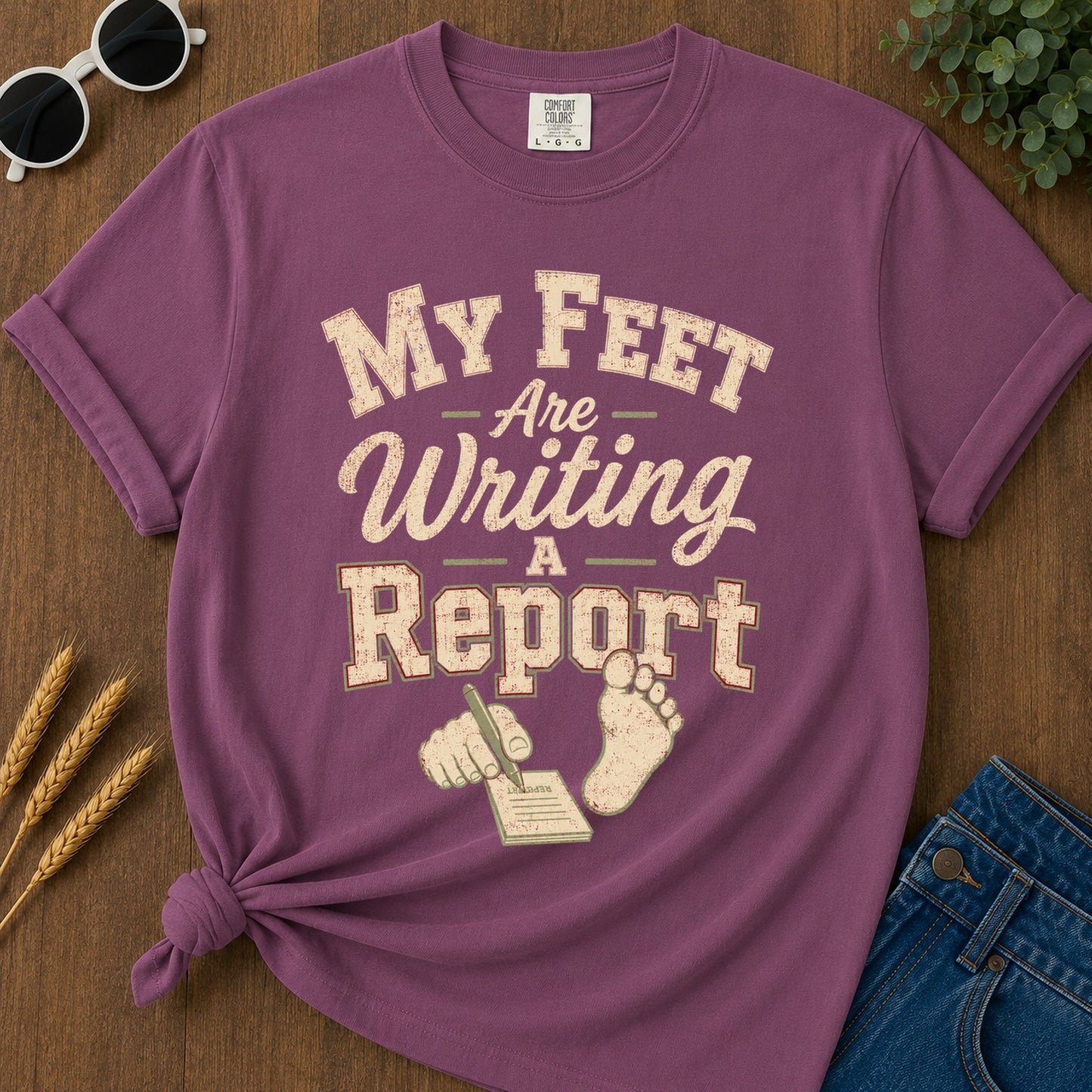 Feet Writing Report T-Shirt - Berry Mockup