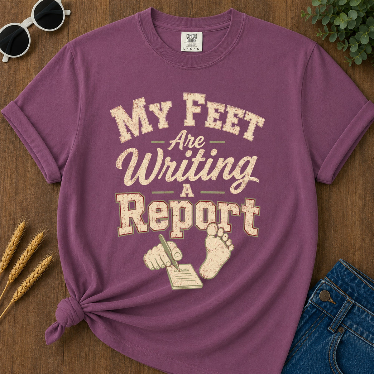 Feet Writing Report T-Shirt - Berry Mockup