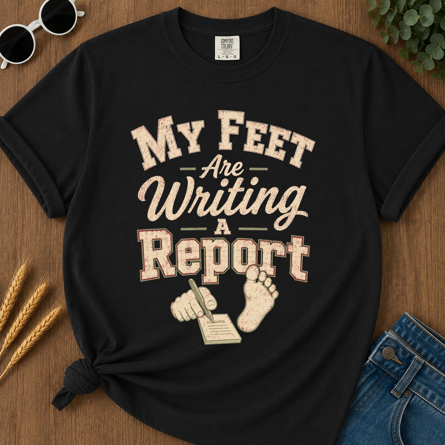 Feet Writing Report T-Shirt - Black Mockup