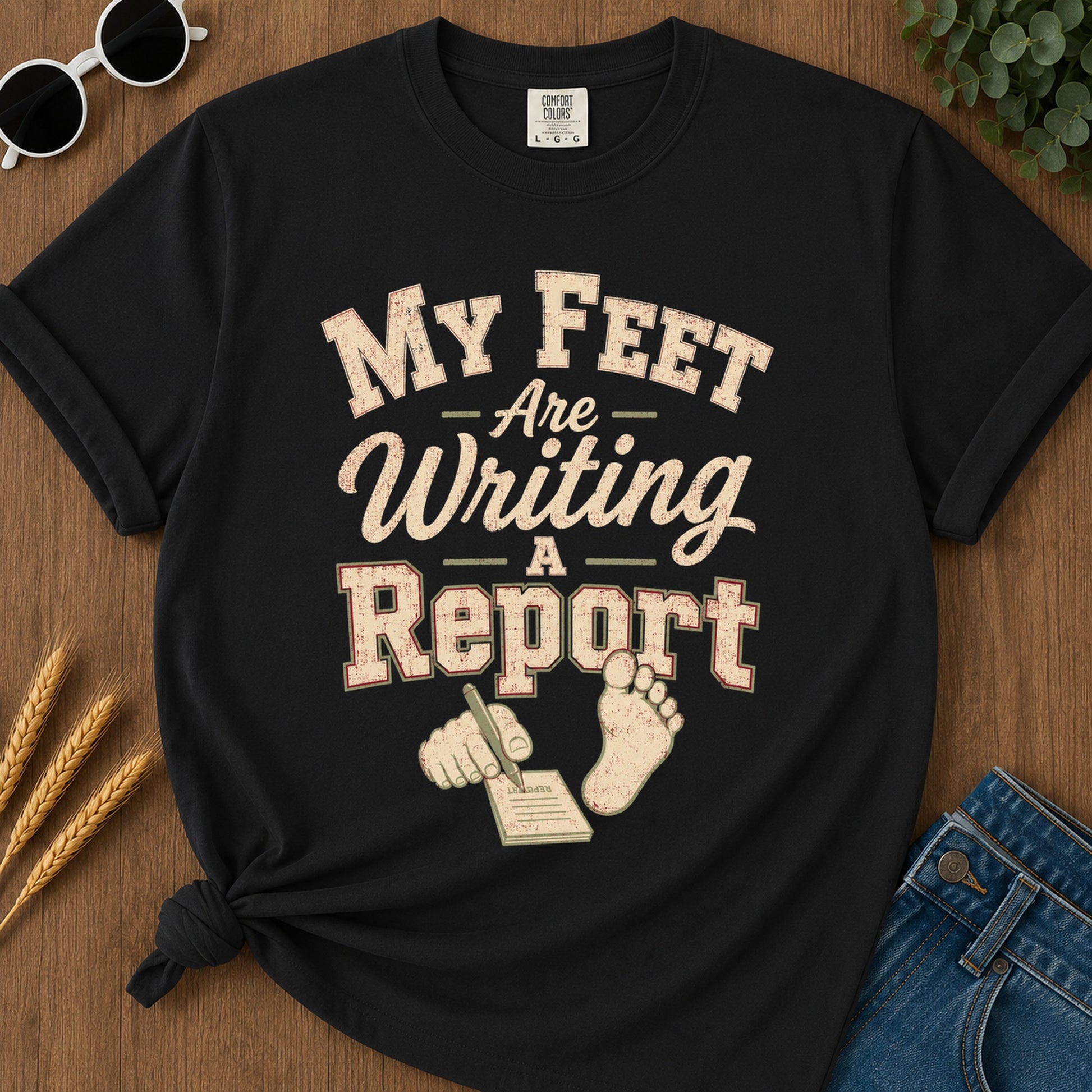 Feet Writing Report T-Shirt - Black Mockup