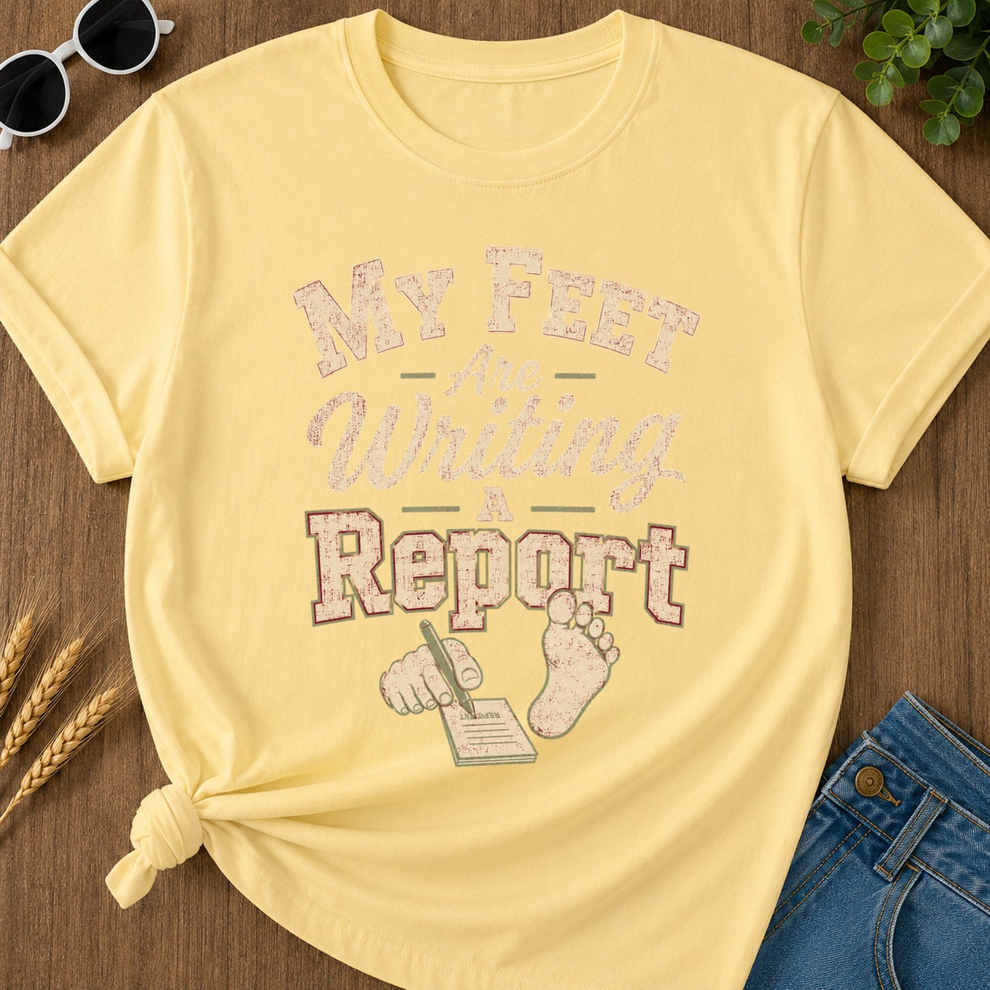 Feet Writing Report T-Shirt - Butter Mockup