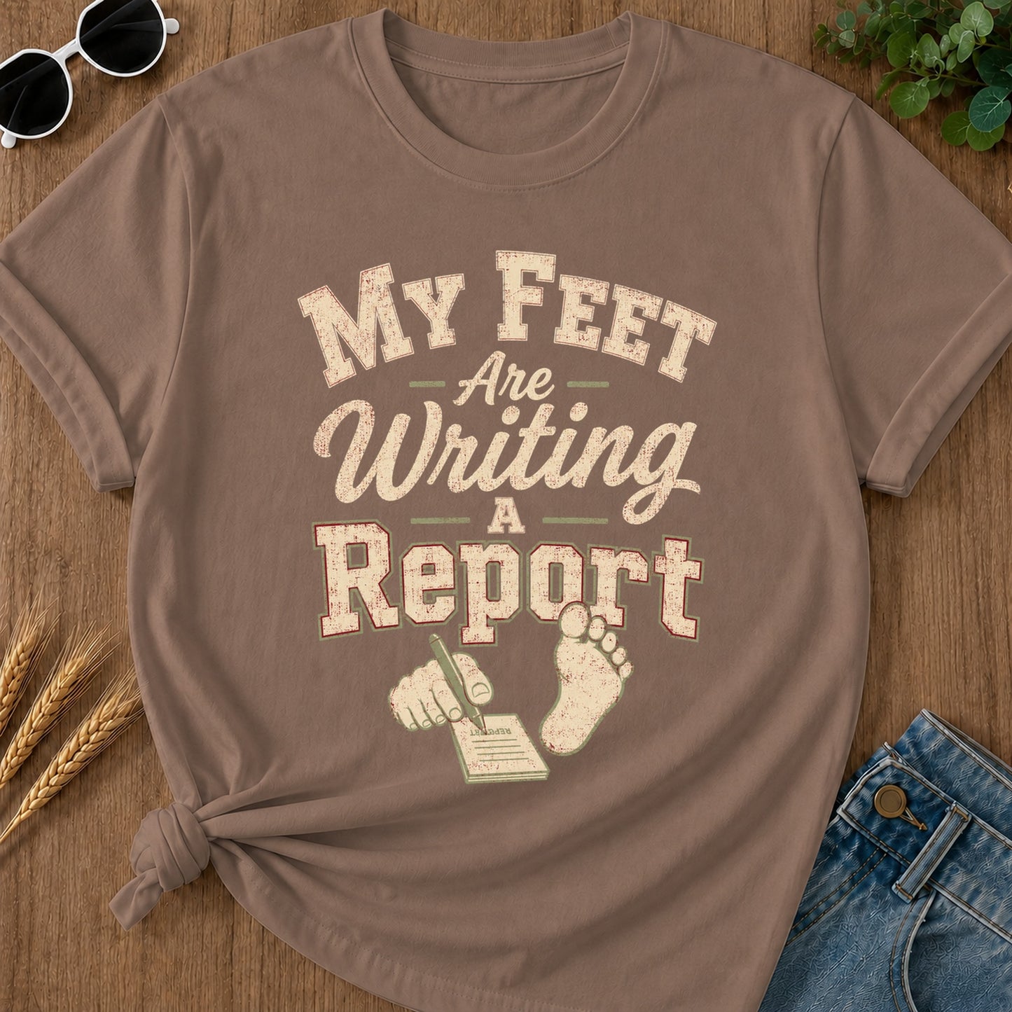 Feet Writing Report T-Shirt - Espresso Mockup