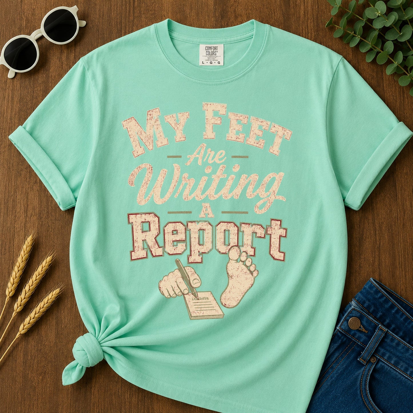 Feet Writing Report T-Shirt - Island Reef Mockup